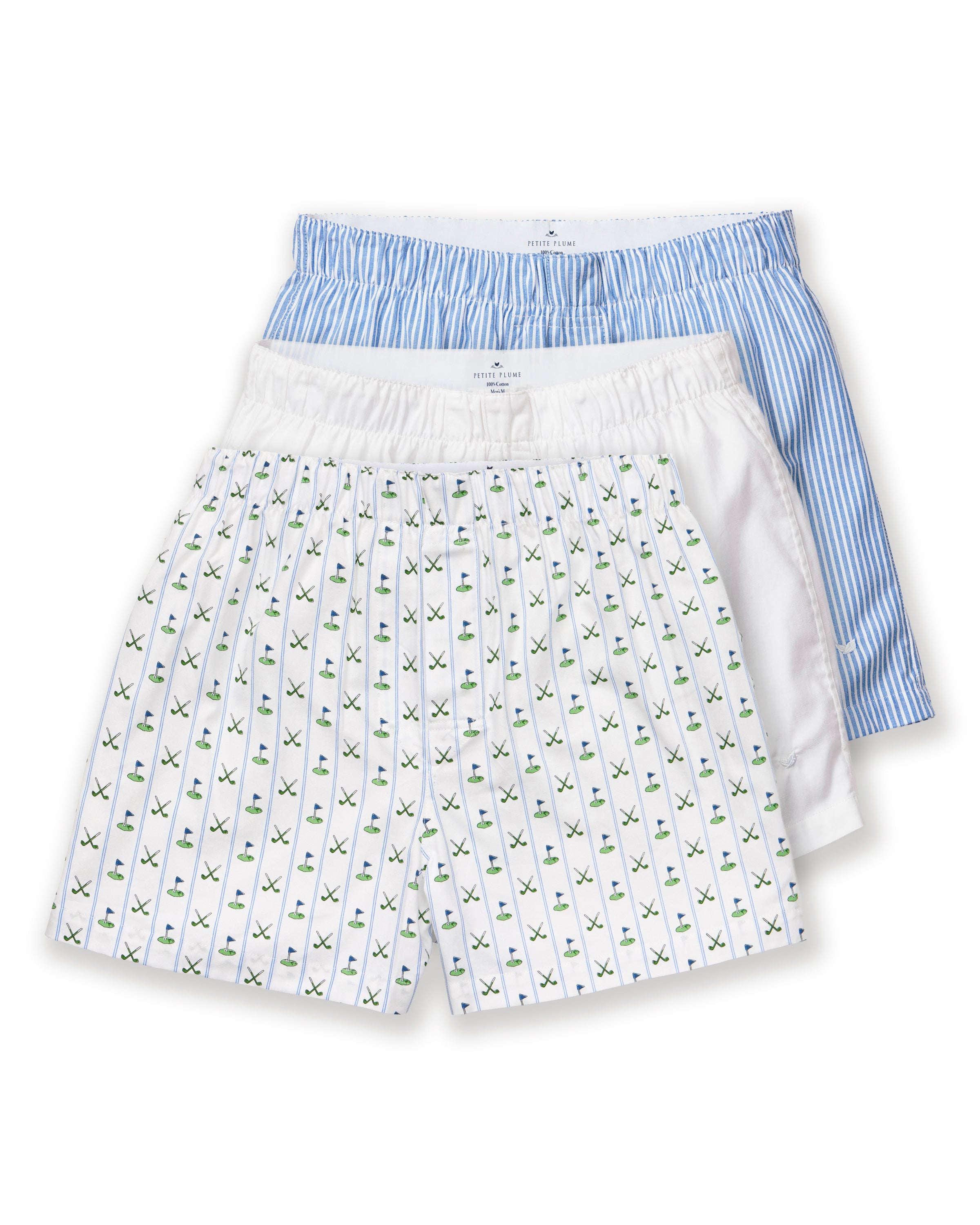 The Men's Twill 3 Pack Boxers in Fairway Stripe includes three pairs: one with blue and white vertical stripes, one solid white, and one white featuring a green and blue golf club pattern.