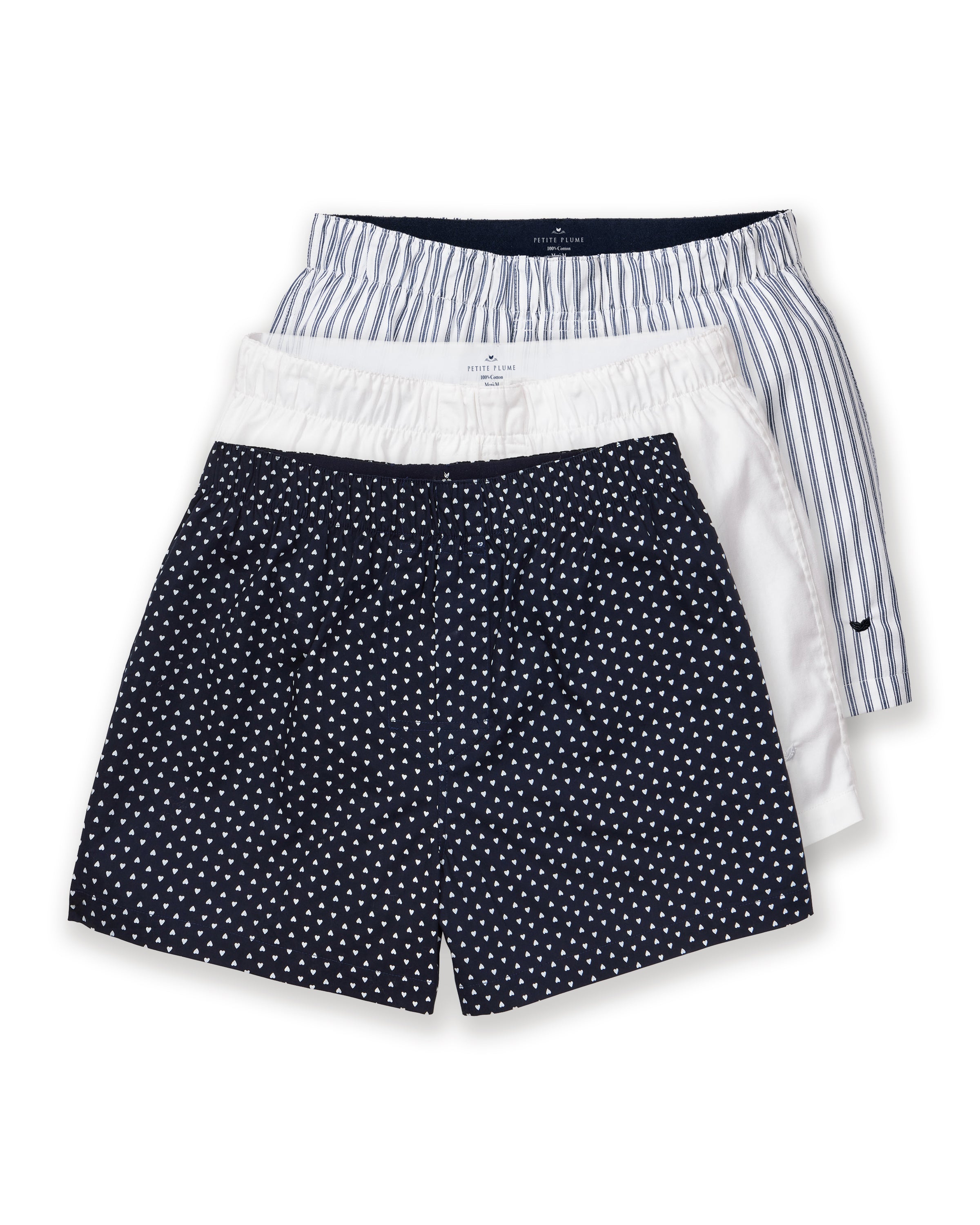 Men's Twill 3 Pack Boxers in Midnight Hearts, White, and Navy French Ticking, arranged overlapping on a white background.