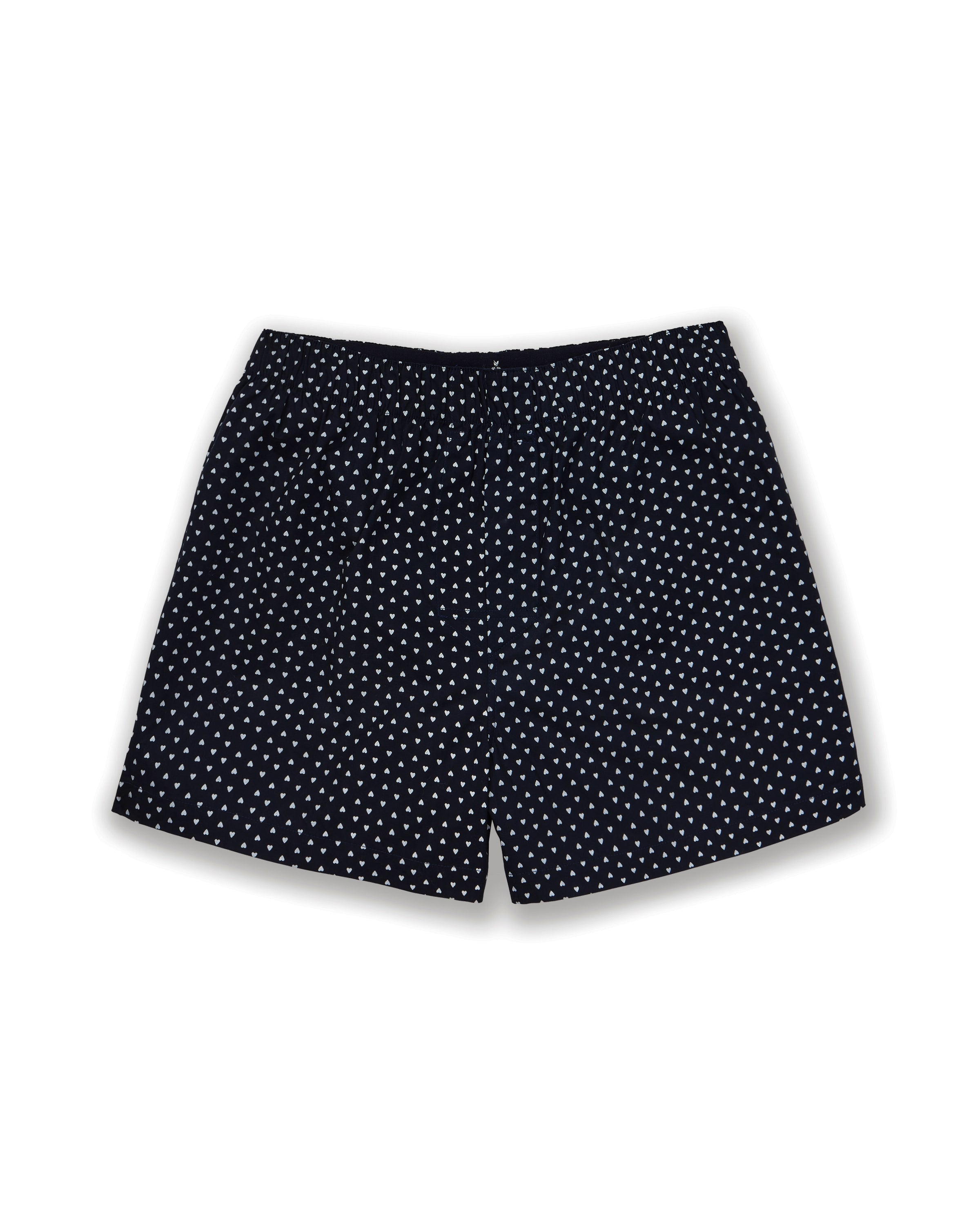 Men's Twill 3 Pack Boxers in Midnight Hearts, White, and Navy French Ticking, arranged overlapping on a white background.