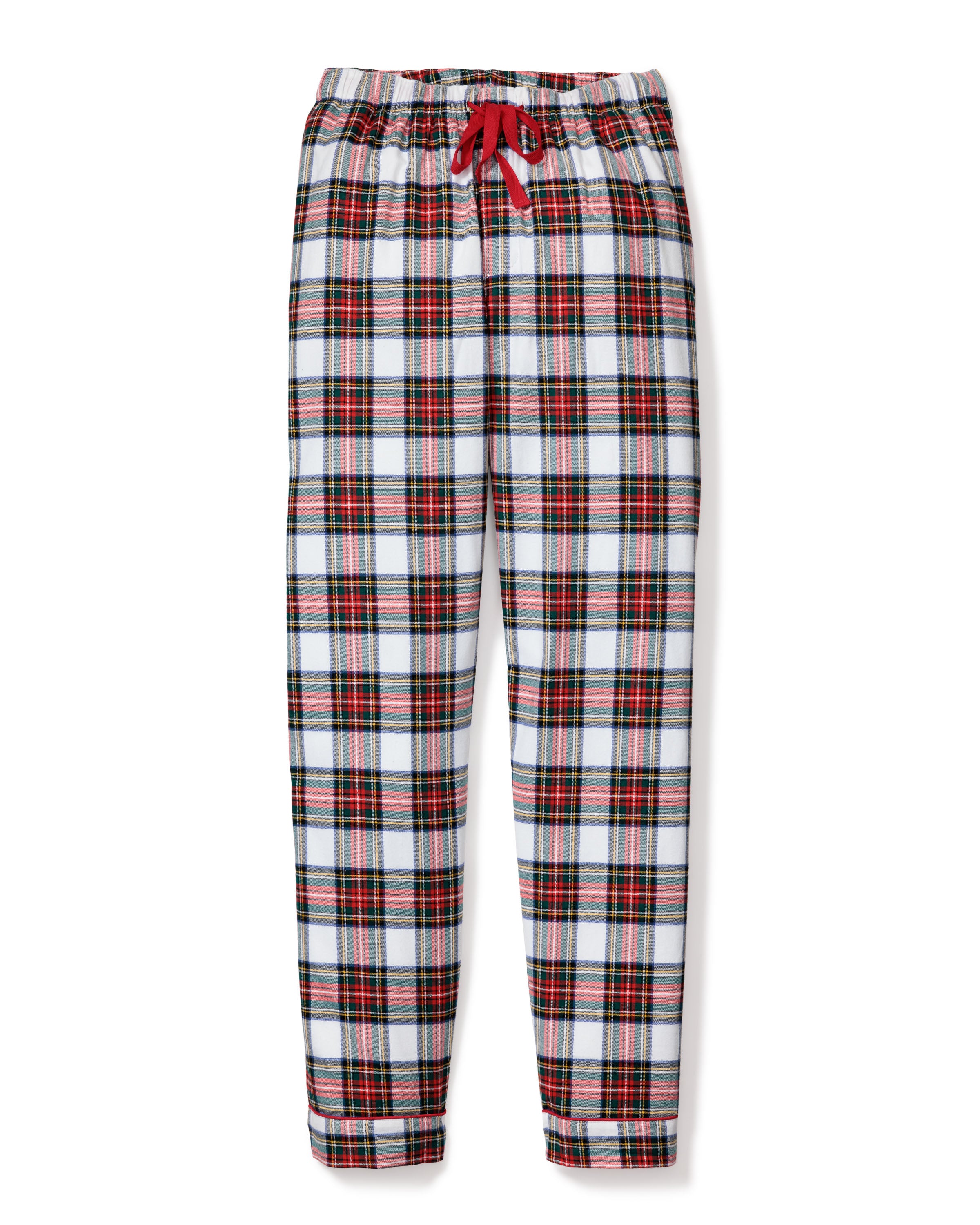 Petite Plumes Mens Brushed Cotton Pants in Balmoral Tartan feature a red and green plaid design, made from lightweight brushed twill, with an elastic waistband and red drawstring.