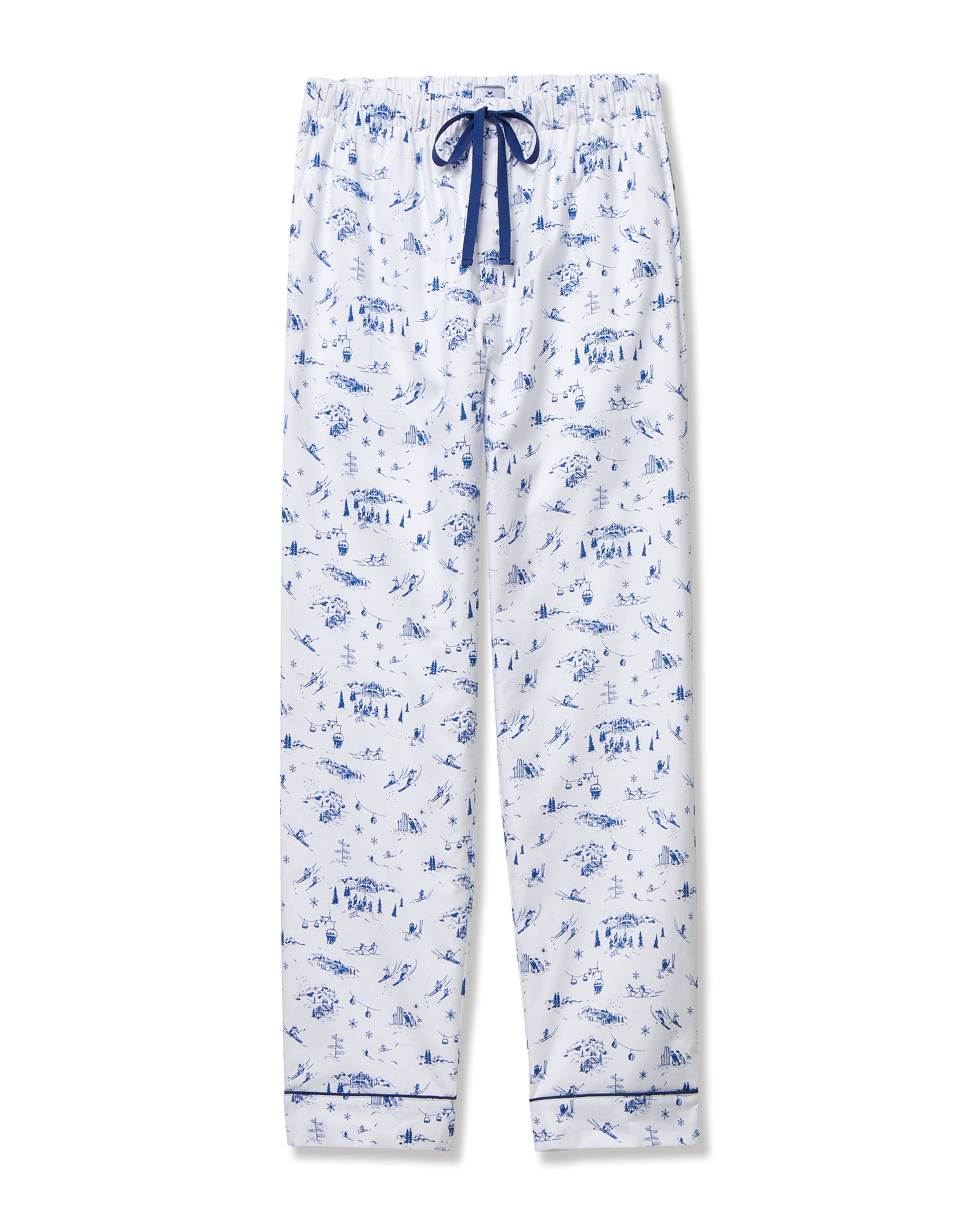 Men's Twill Pajama Pants in Chalet Toile, featuring a blue scenic toile print, navy drawstring at the elastic waist, and blue stitched cuffs. Pants are displayed flat on a white background.