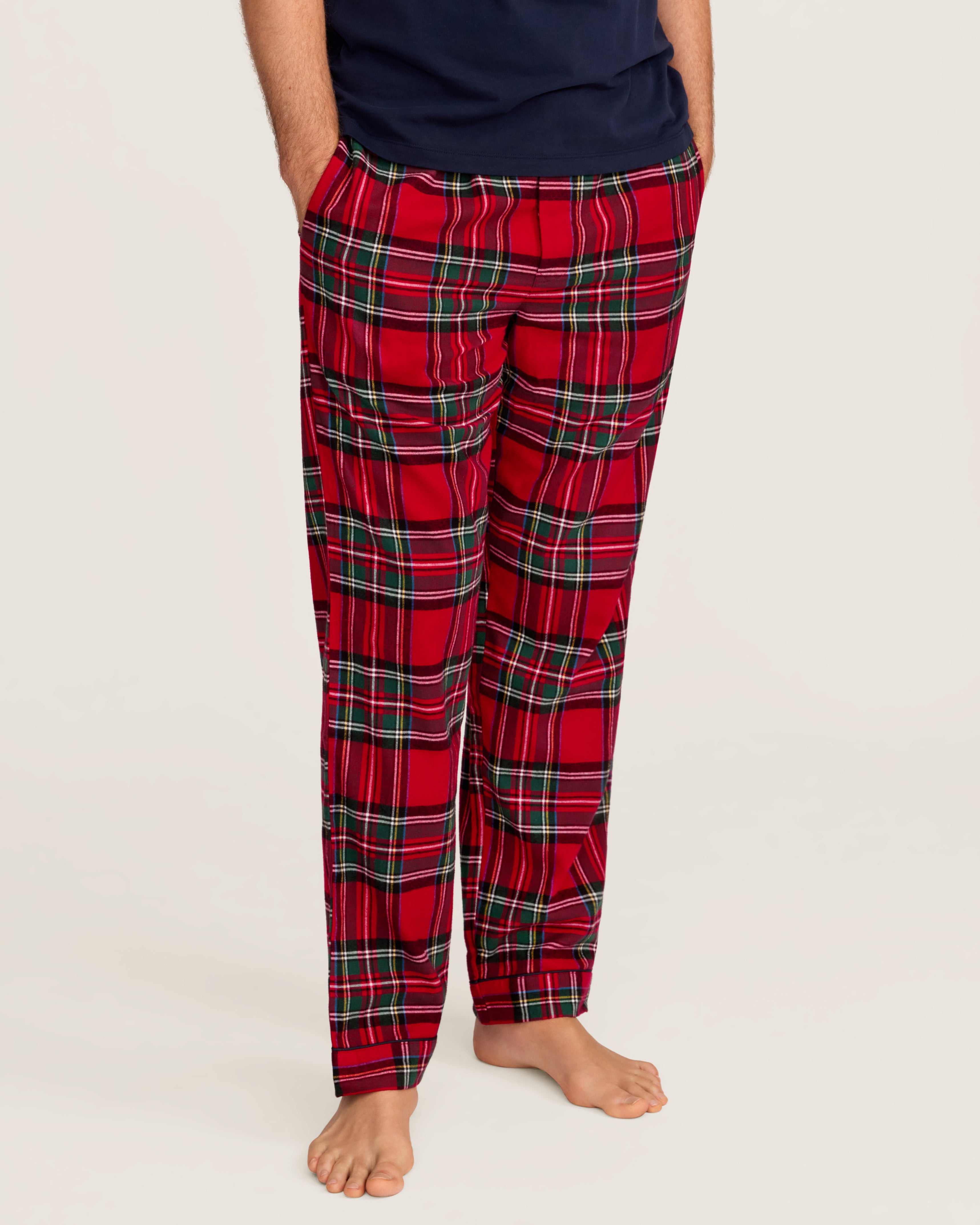 Men's Brushed Twill Pajama Pant in Imperial Tartan, featuring a red plaid pattern with green, white, and black lines, an elastic waistband, and a black drawstring, shown flat on a white background.