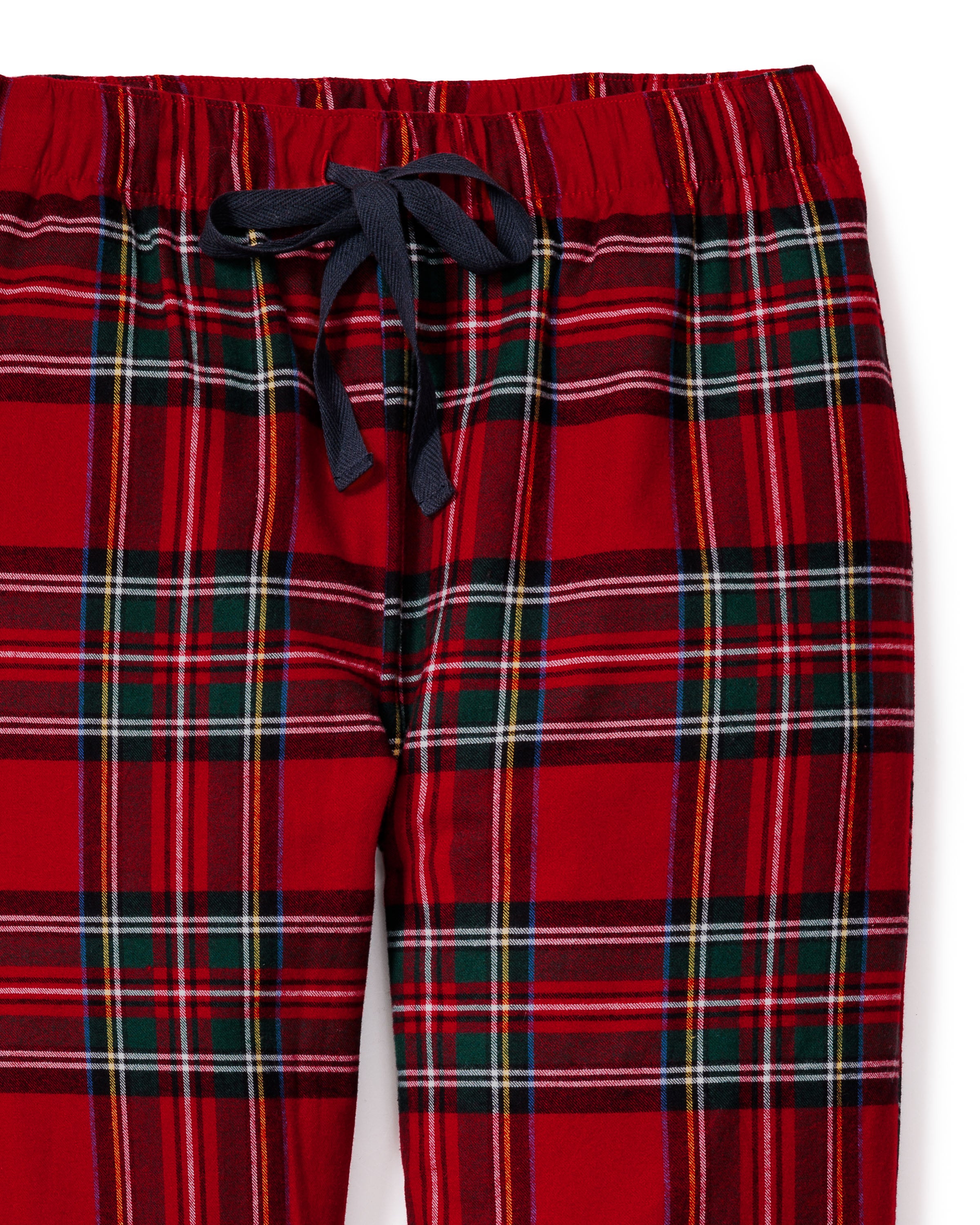 Men's Brushed Twill Pajama Pant in Imperial Tartan, featuring a red plaid pattern with green, white, and black lines, an elastic waistband, and a black drawstring, shown flat on a white background.