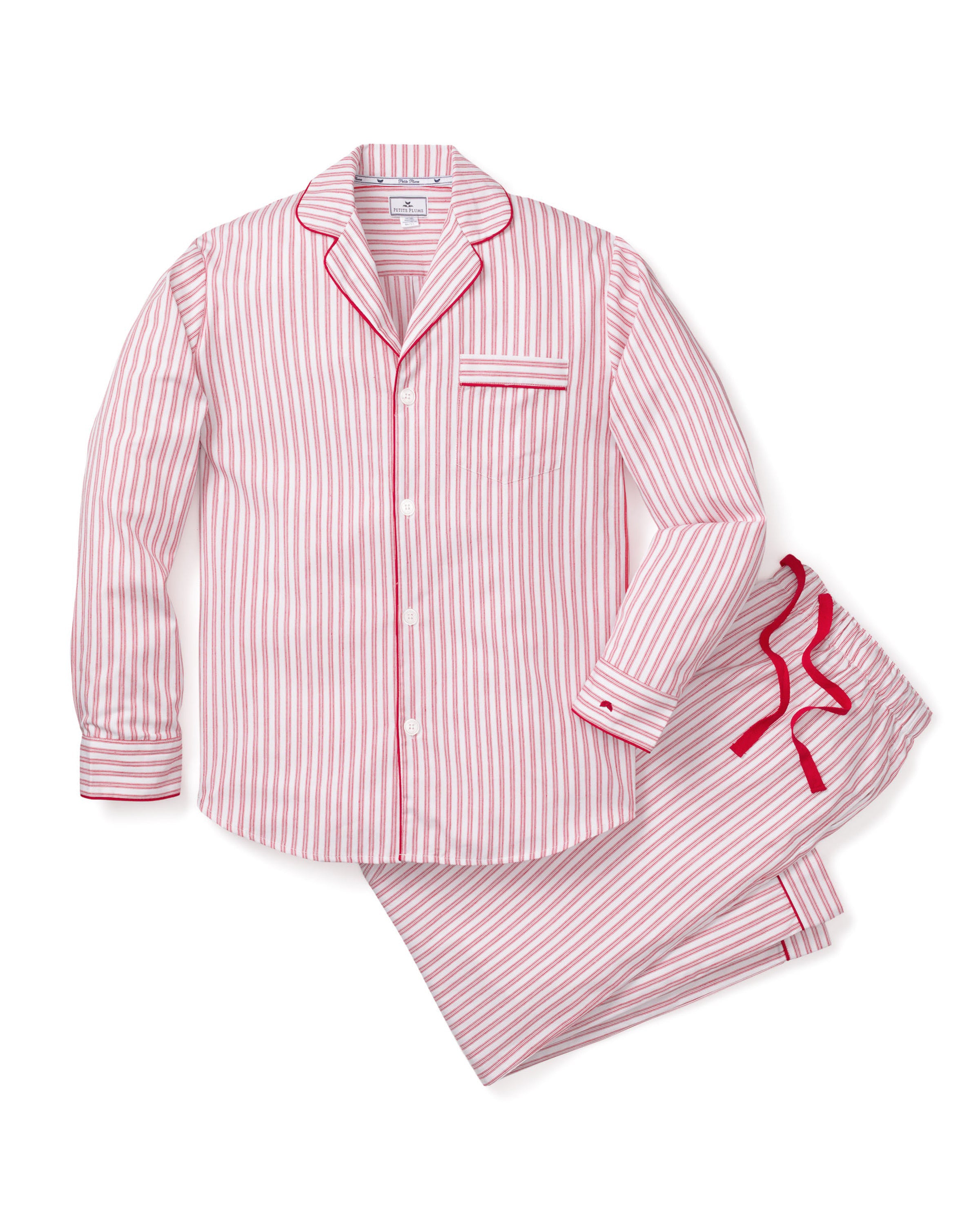 Close-up of Petite Plumes Mens Twill Pajama Set in Antique Red Ticking, featuring pink and white vertical stripes, a collar, a pocket with matching trim, and a single white button. Perfect for cozy relaxation.