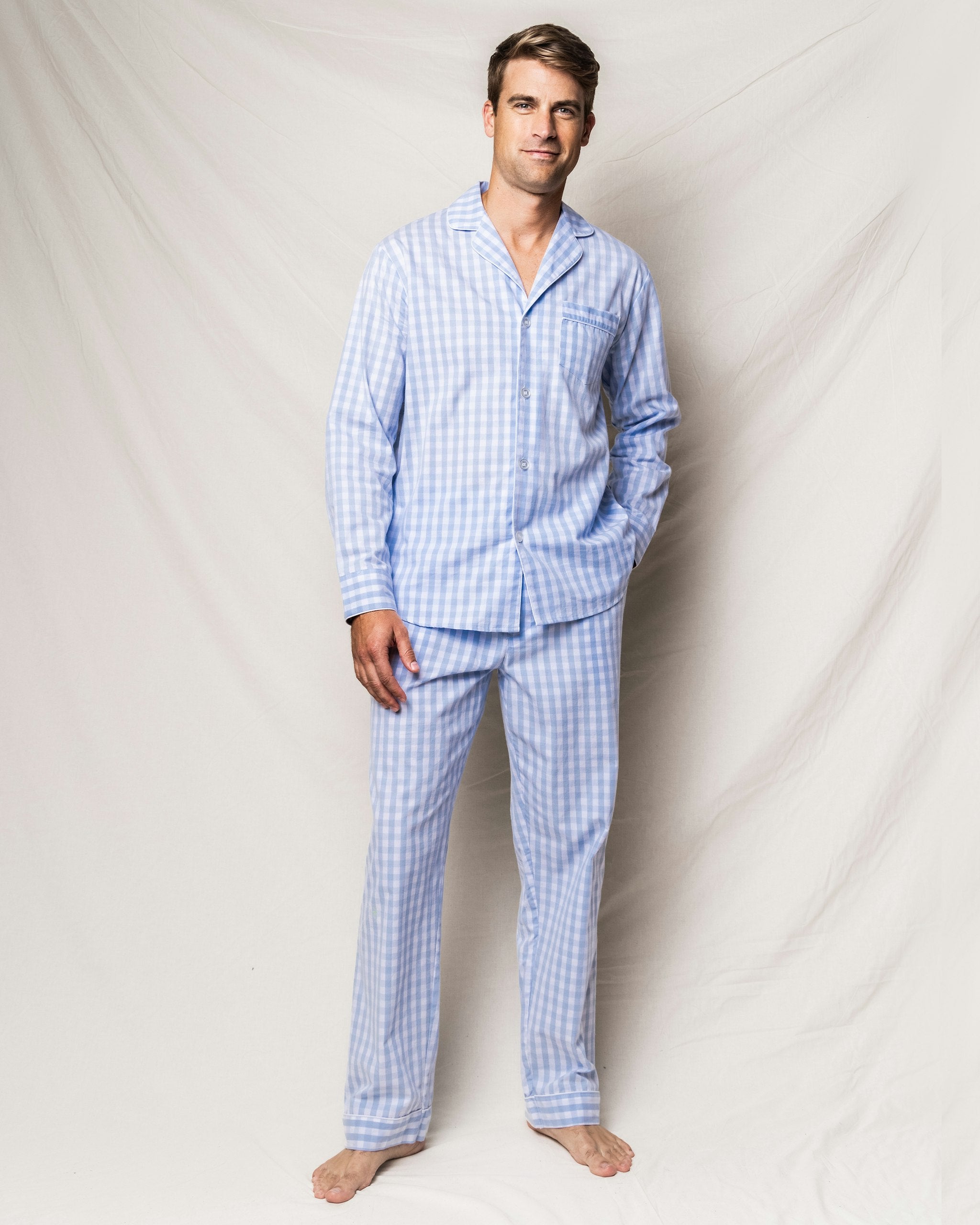Men's Twill Pajama Set in Navy Gingham in Light Blue Gingham#Color_Light Blue Gingham