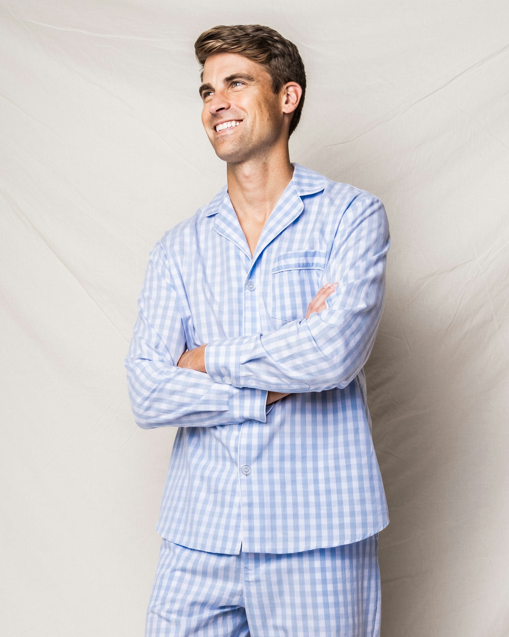 Men's Twill Pajama Set in Navy Gingham in Light Blue Gingham#Color_Light Blue Gingham