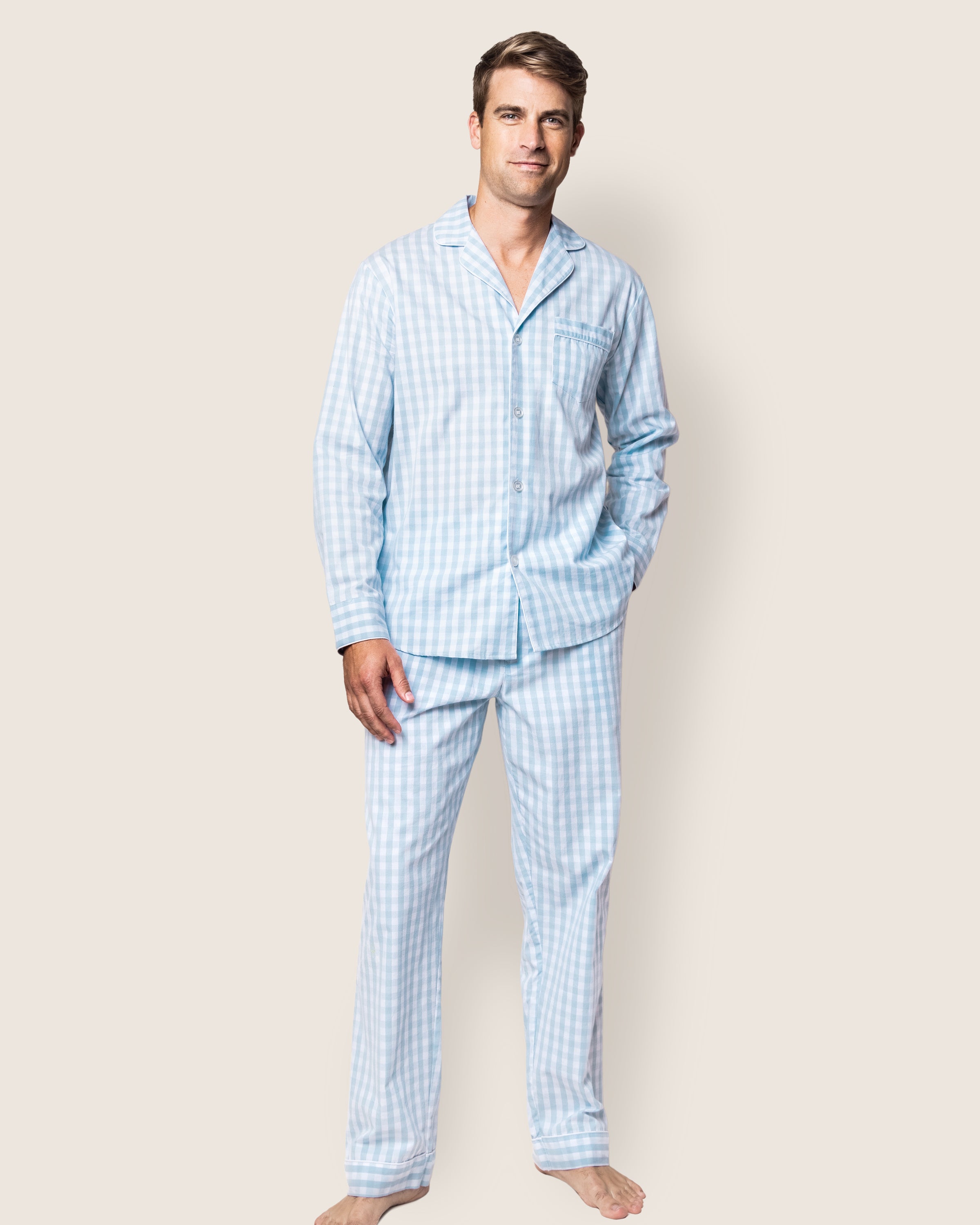 Men's Twill Pajama Set in Navy Gingham in Light Blue Gingham#Color_Light Blue Gingham.