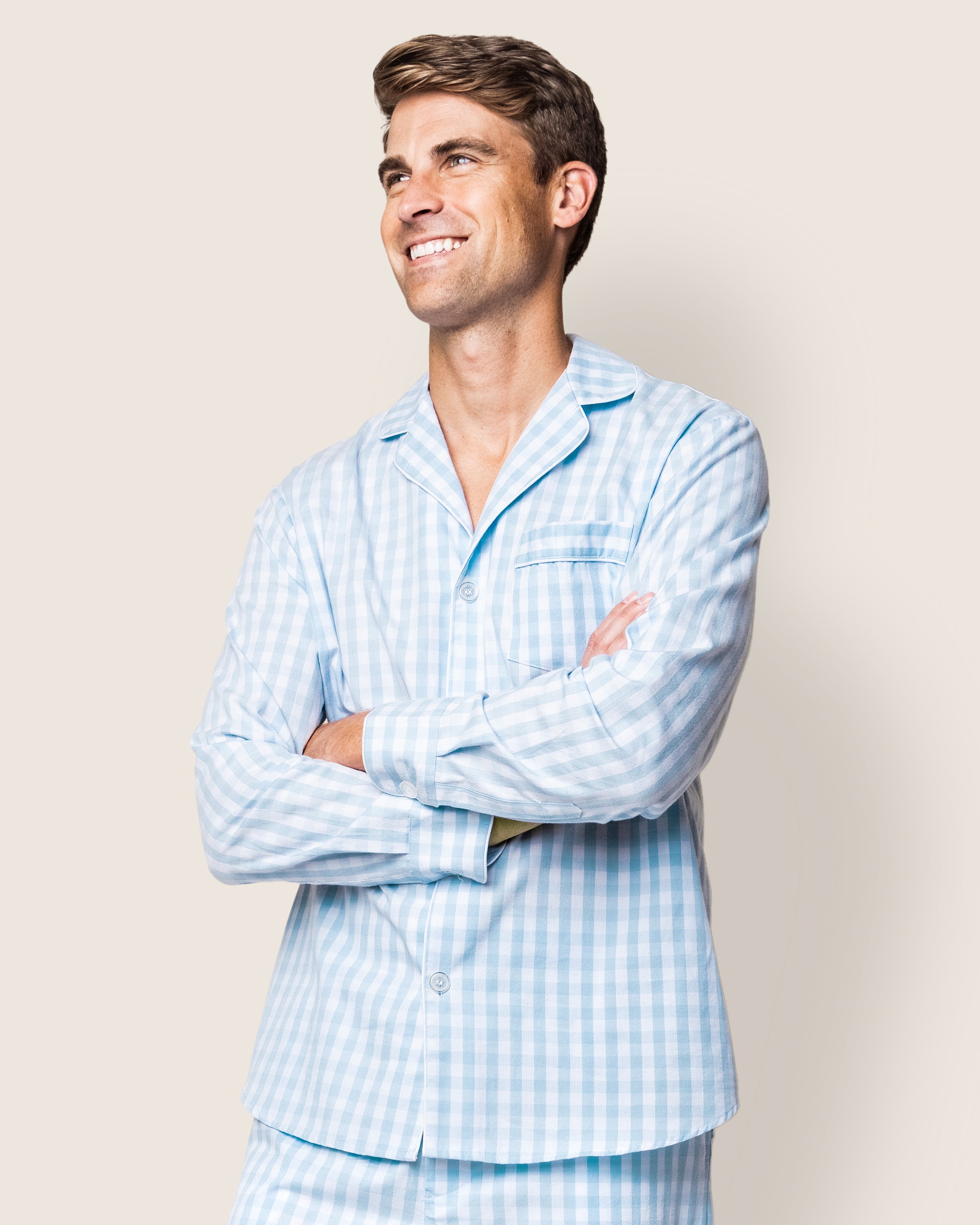 Men's Twill Pajama Set in Navy Gingham in Light Blue Gingham#Color_Light Blue Gingham.