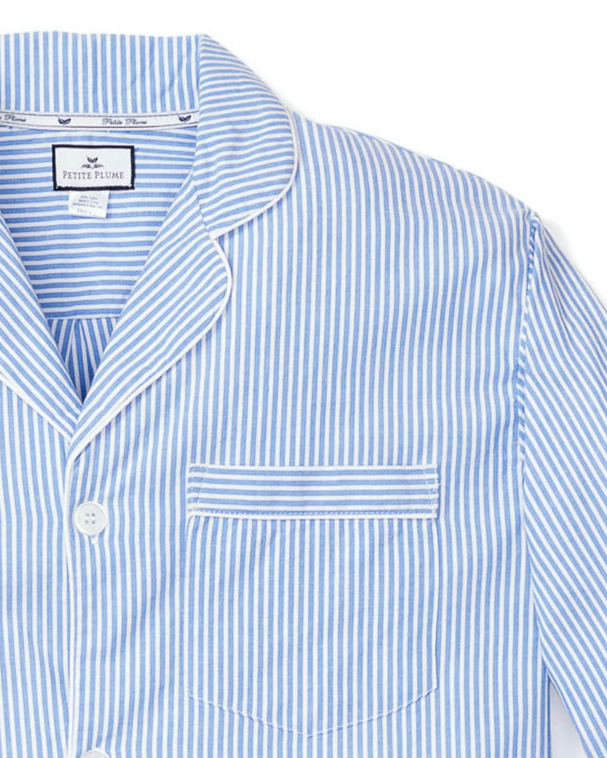 Men's French Blue Seersucker Pajama Set in French Blue Stripes#Color_French Blue Stripes