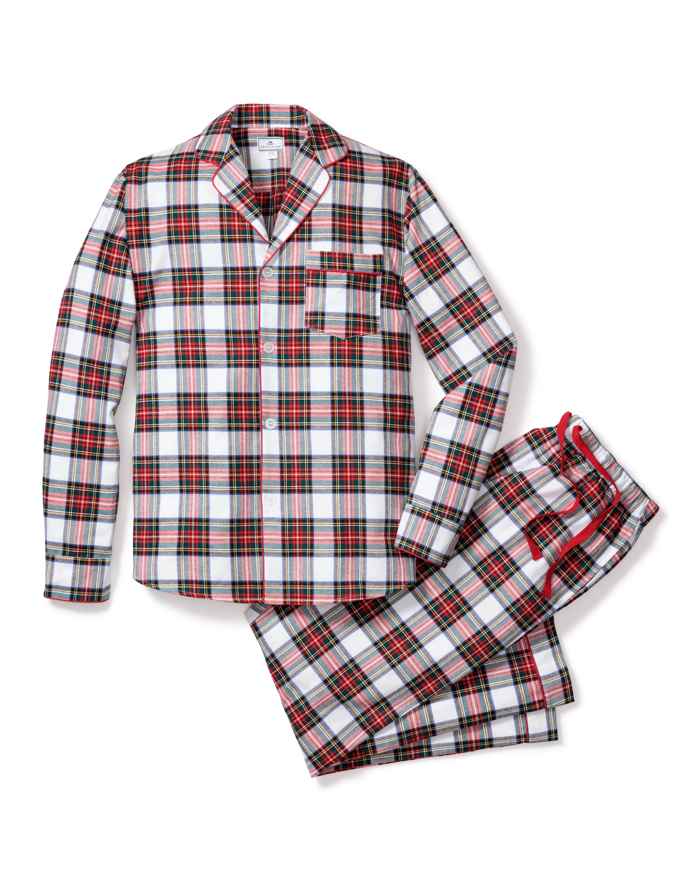 Petite Plumes Mens Brushed Cotton Pajama Set in Balmoral Tartan combines red, black, white, and green hues. Crafted from premium cotton, the top has buttons and a chest pocket; the pants feature a chic red drawstring.