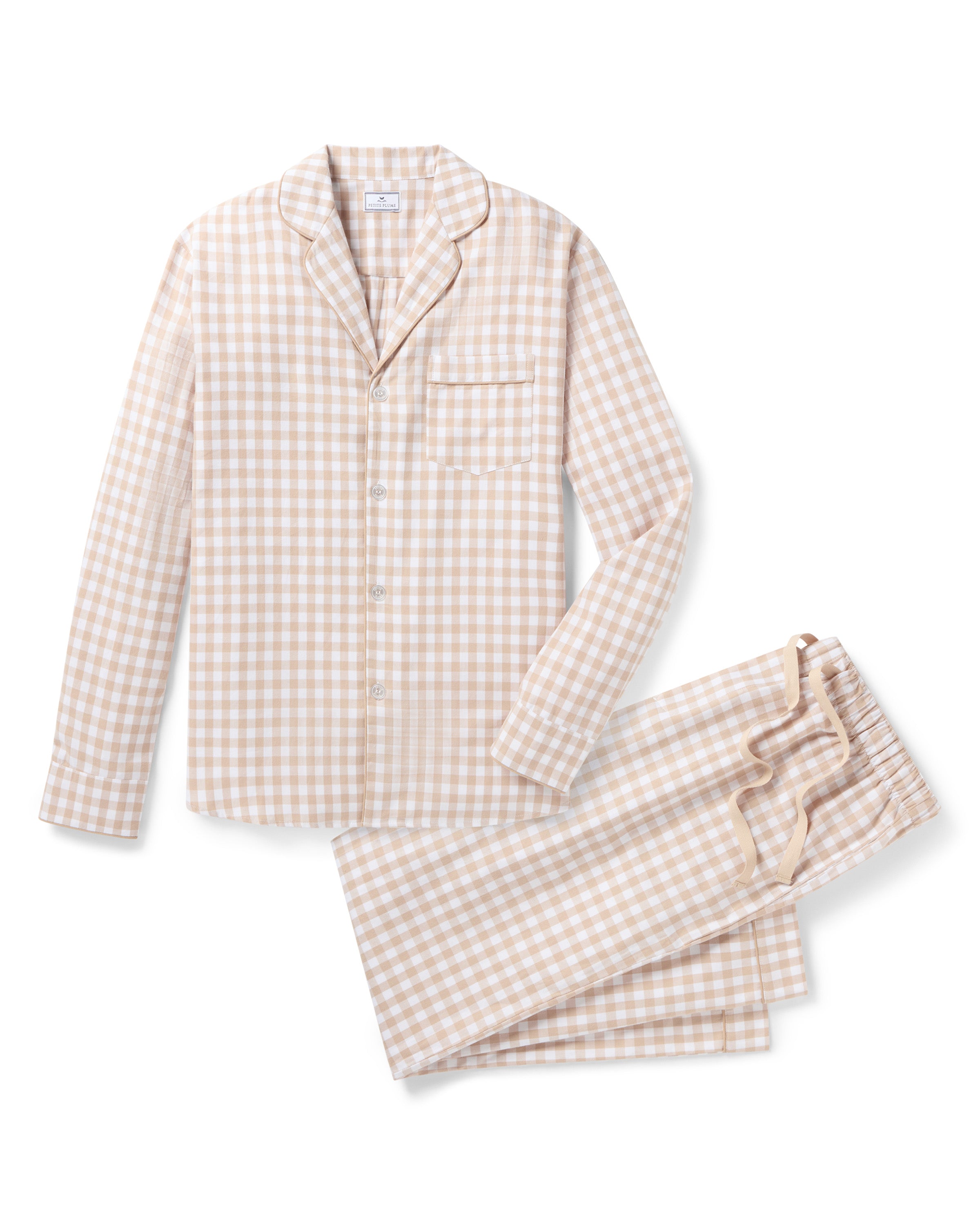 The Men's Twill Pajama Set in Camel Gingham includes a long-sleeve, button-up top with a chest pocket and matching pants, both in a beige and white gingham check pattern.