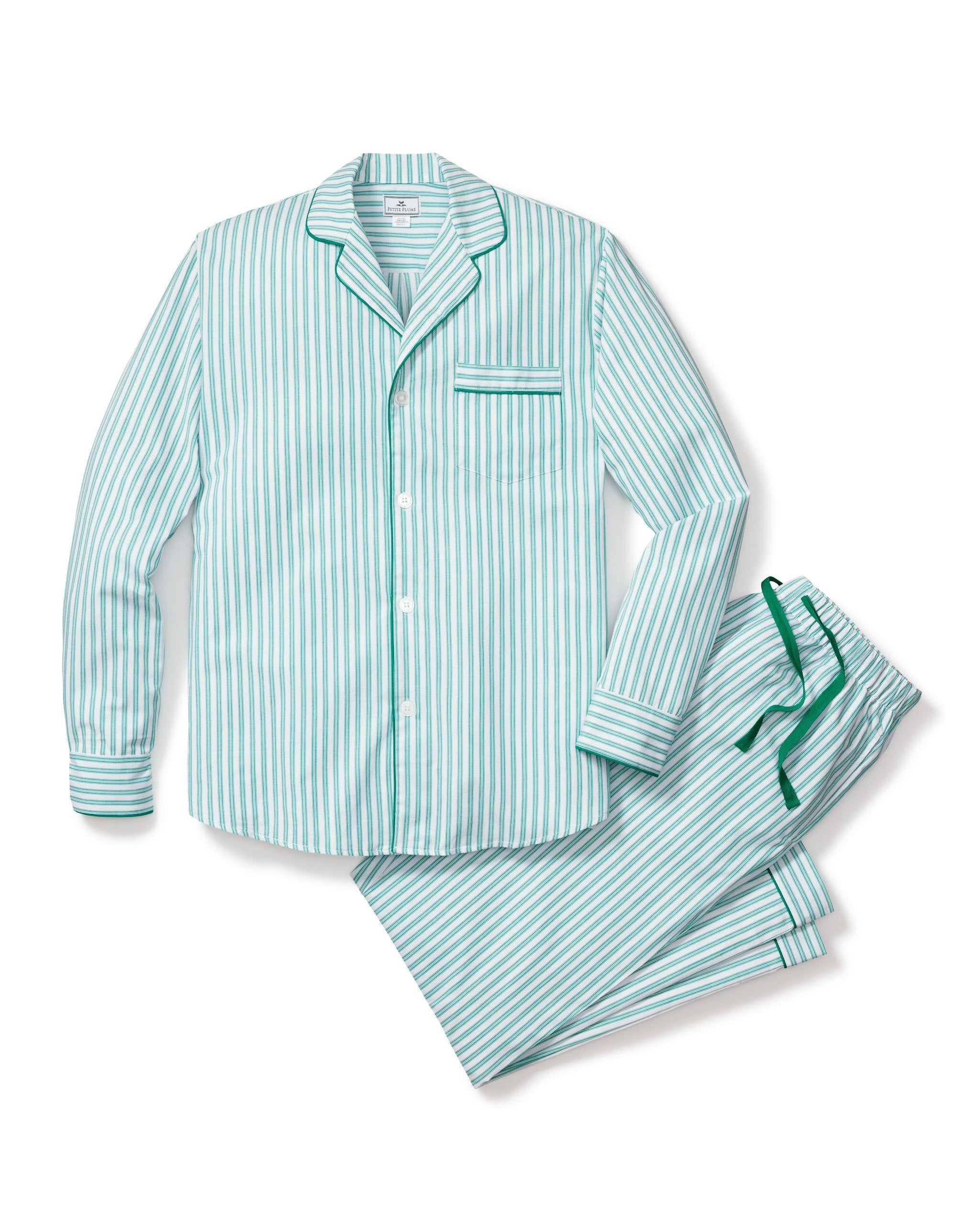 Men's Twill Pajama Set in Navy French Ticking in Emerald Ticking#Color_Emerald Ticking