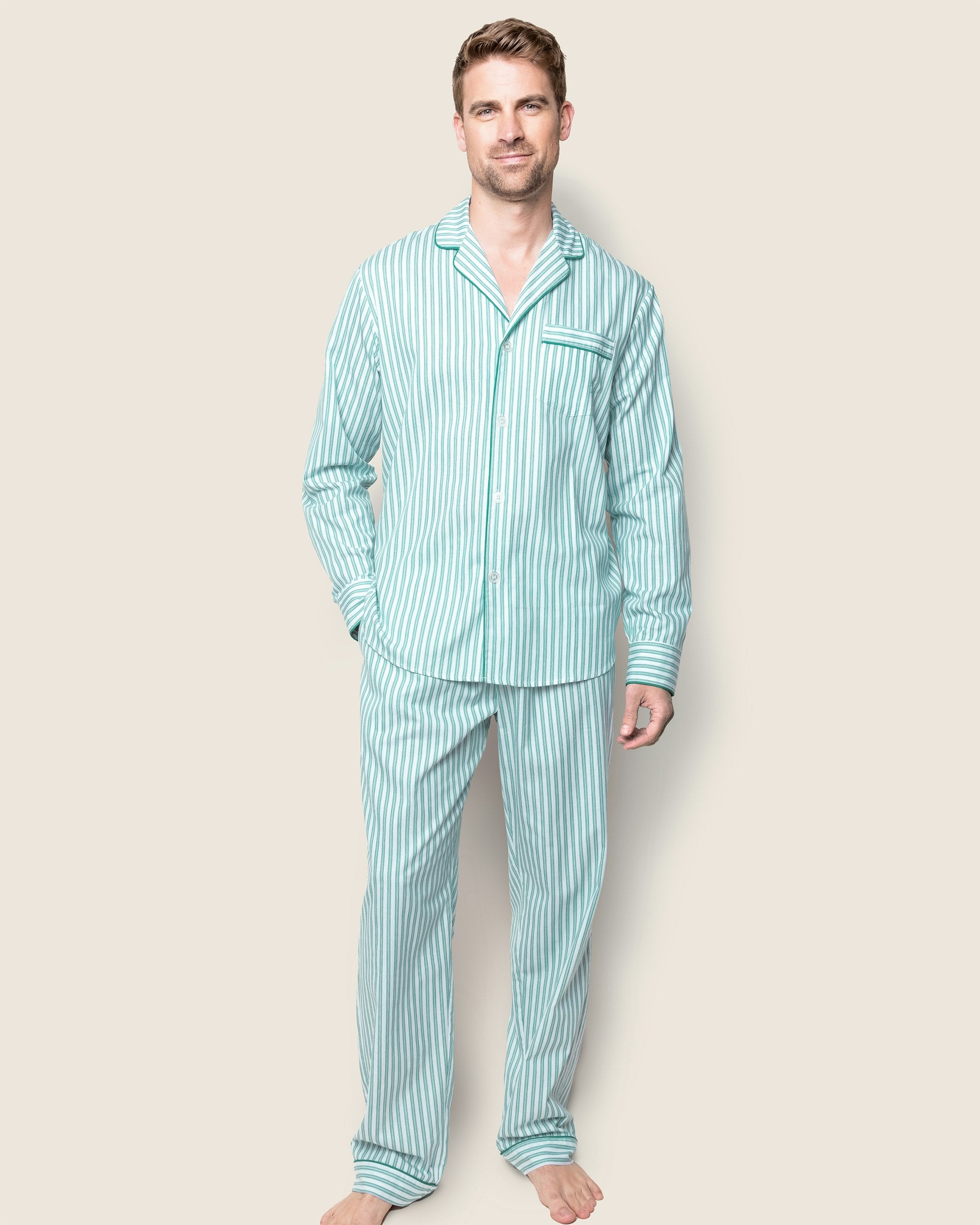 Men's Twill Pajama Set in Navy French Ticking in Emerald Ticking#Color_Emerald Ticking