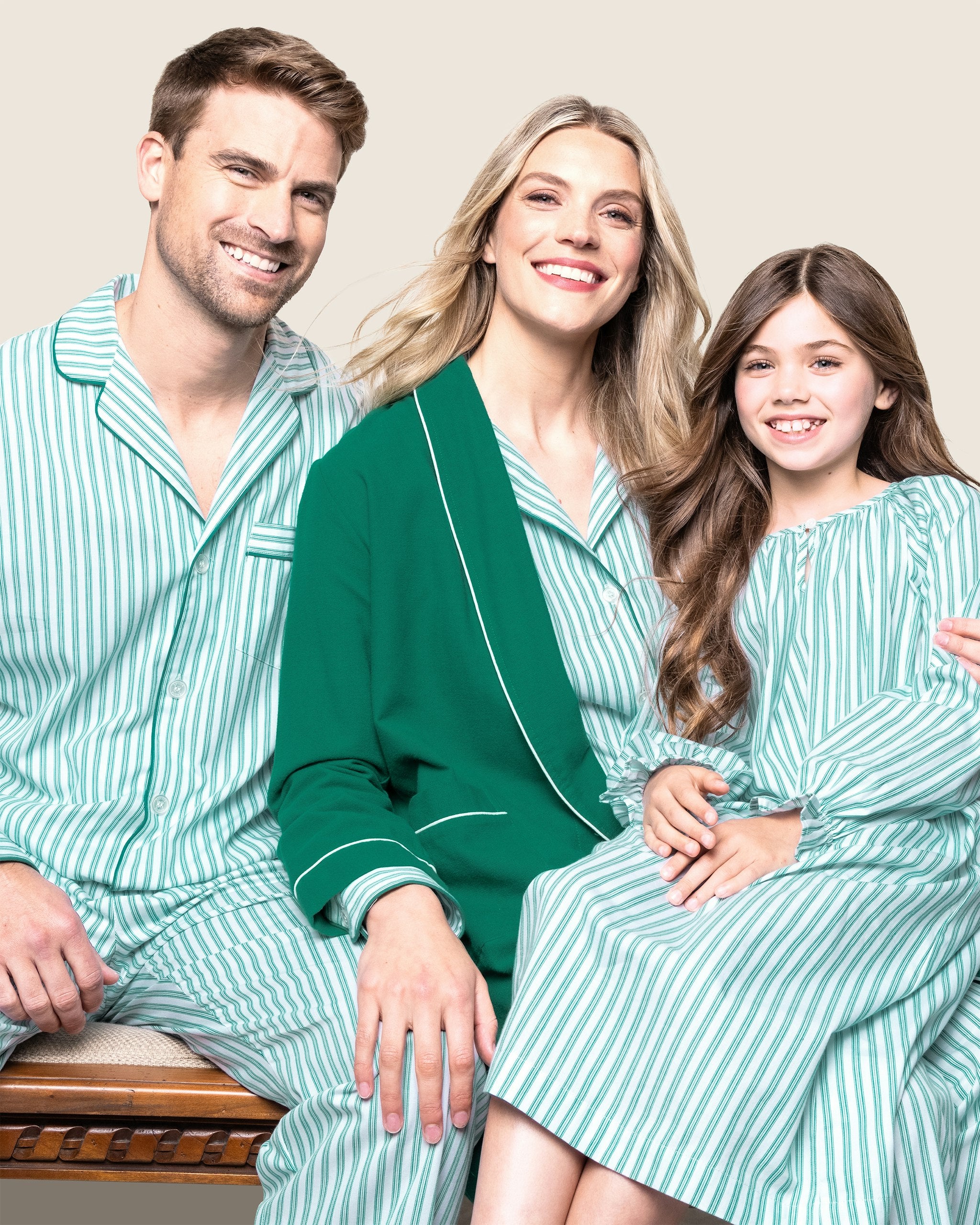 Men's Twill Pajama Set in Navy French Ticking in Emerald Ticking#Color_Emerald Ticking