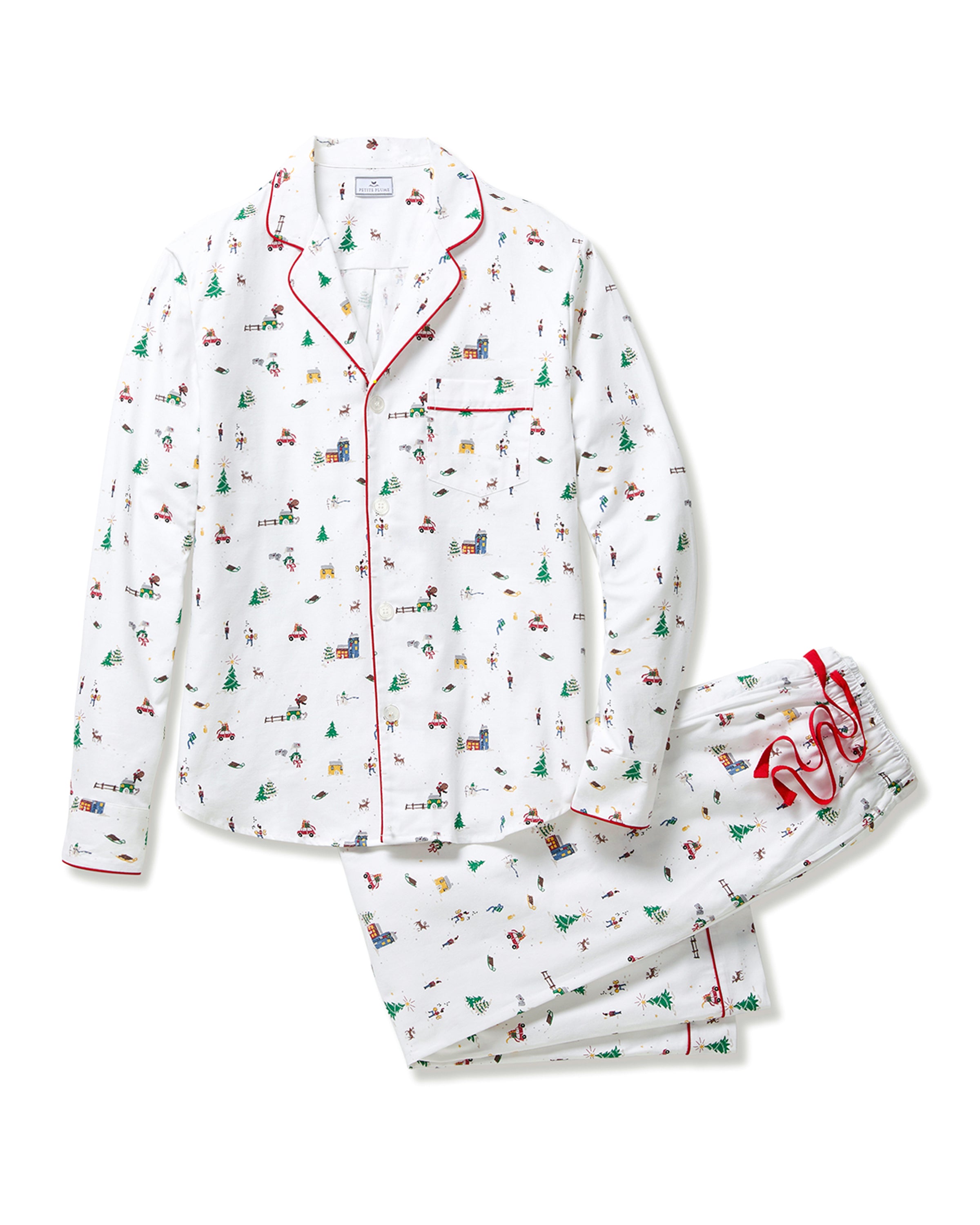 Christmas-themed pajama set with red trim on a white background