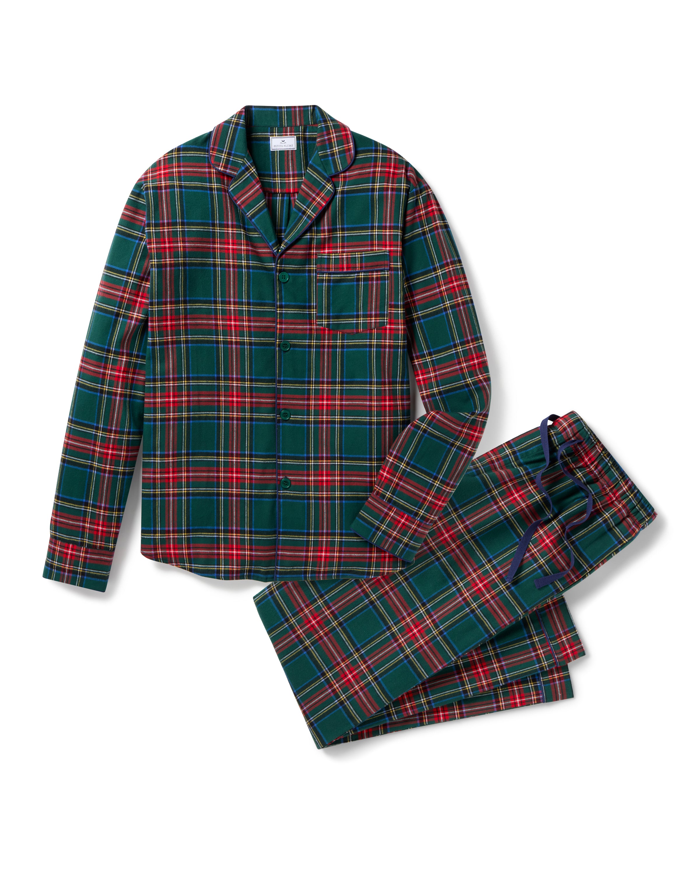 The Men's Brushed Twill Pajama Set in Kensington Tartan features a button-up long-sleeve shirt and matching drawstring pants in a classic green, red, yellow, and blue plaid pattern.