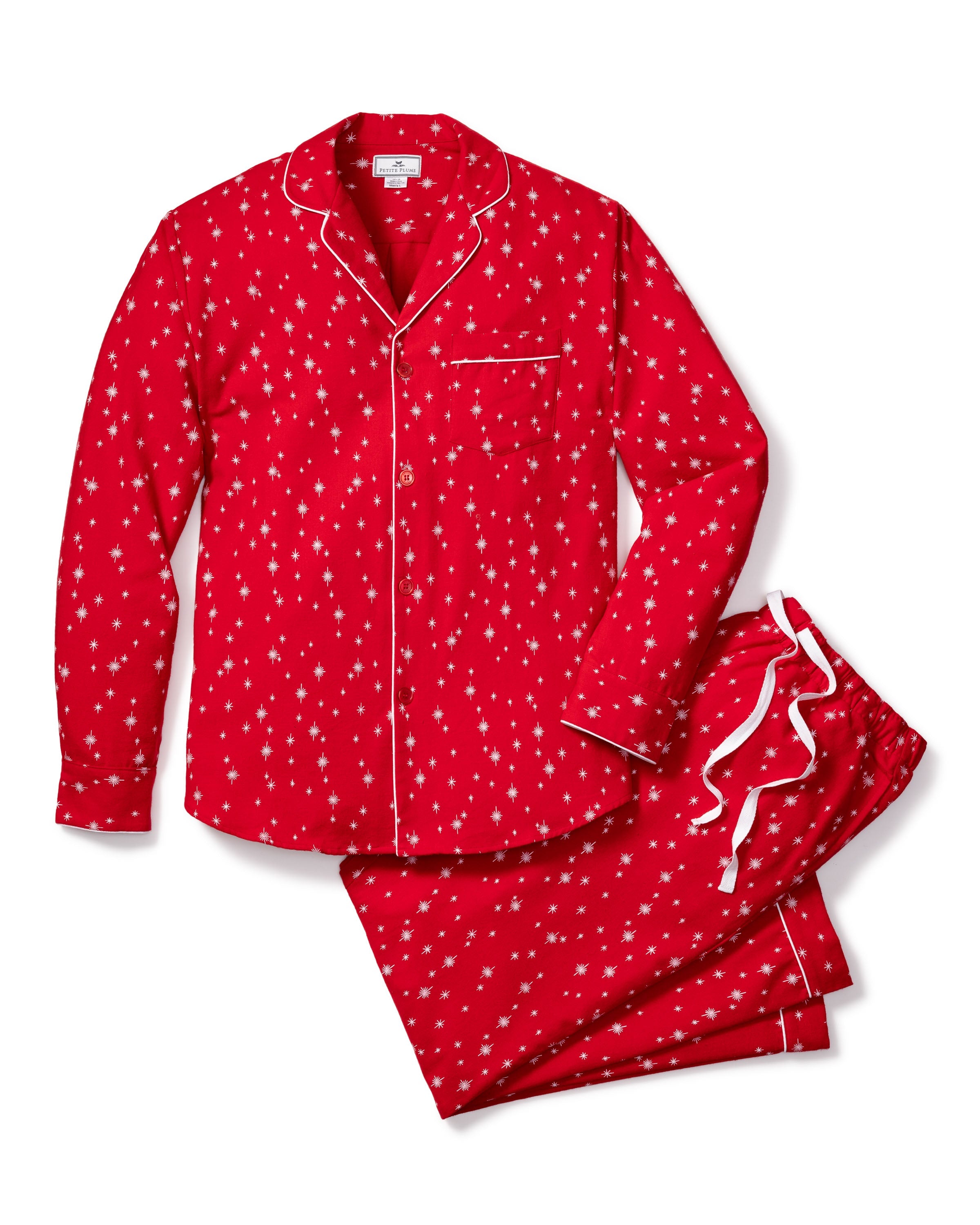Experience comfort and style with Petite Plumes Mens Flannel Pajama Set in Starry Night. This red ensemble features a charming white star pattern, long-sleeved top with collar and pocket, elegant white piping, and pants with an adjustable drawstring waistband for cozy nights.