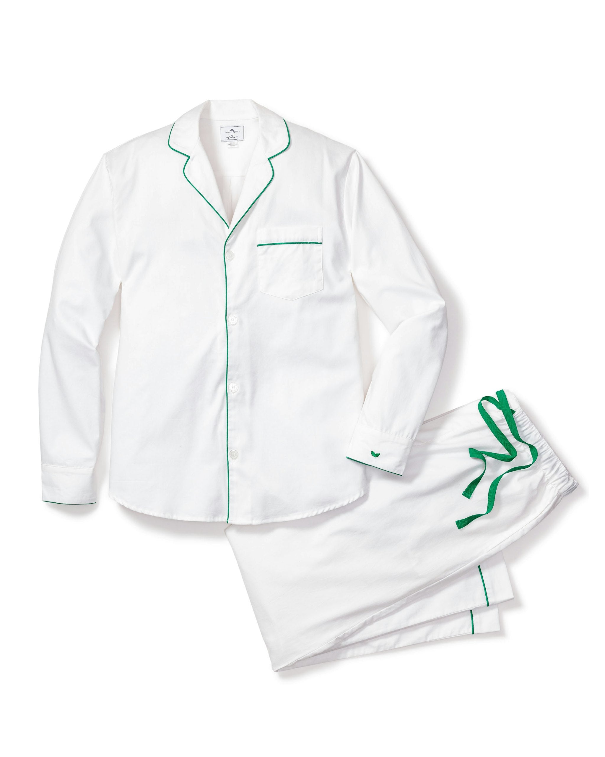 Men's Twill Pajama Set in White with Red Piping in White with Green Piping#Color_White with Green Piping