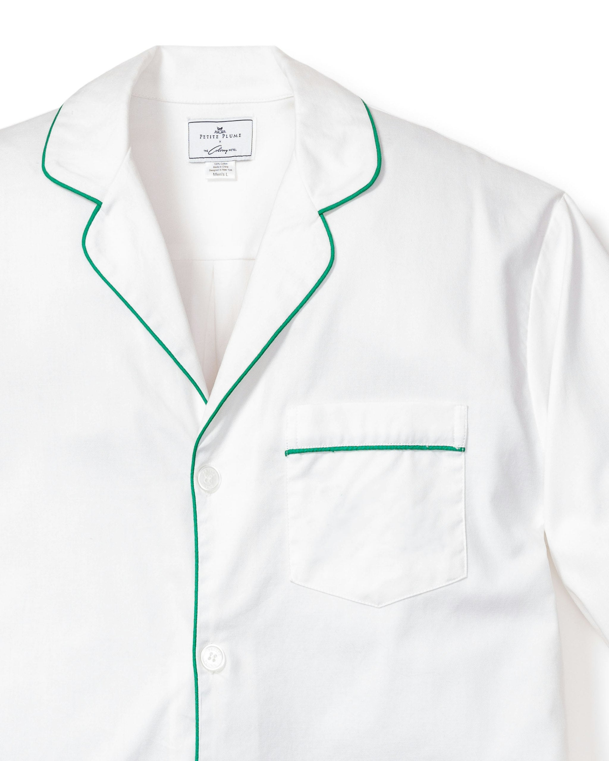 Men's Twill Pajama Set in White with Red Piping in White with Green Piping#Color_White with Green Piping