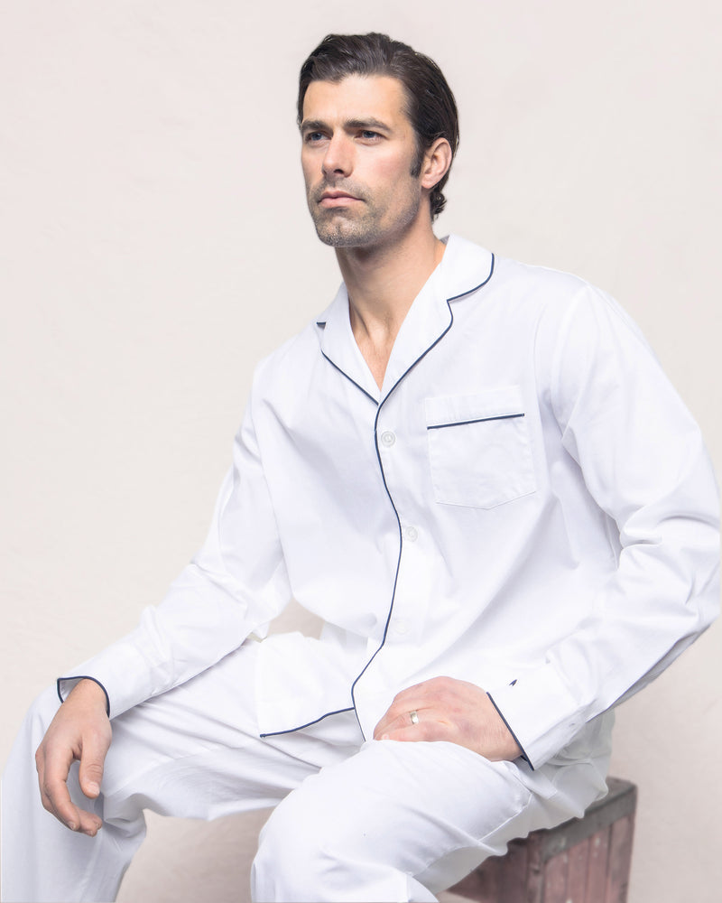 Men's Twill Pajama Set in White with Navy Piping