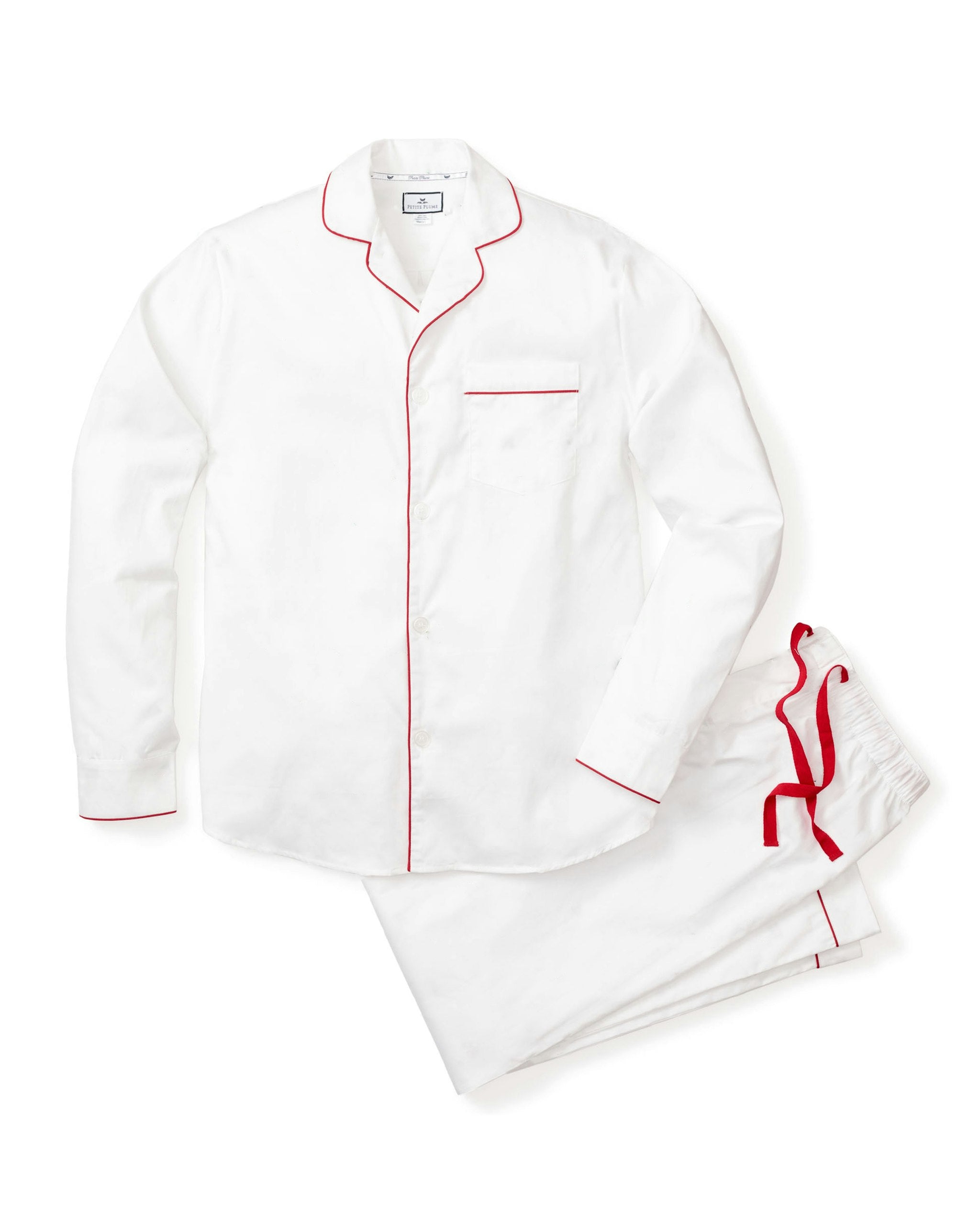 Men's Twill Pajama Set in White with Red Piping in White with Red Piping#Color_White with Red Piping