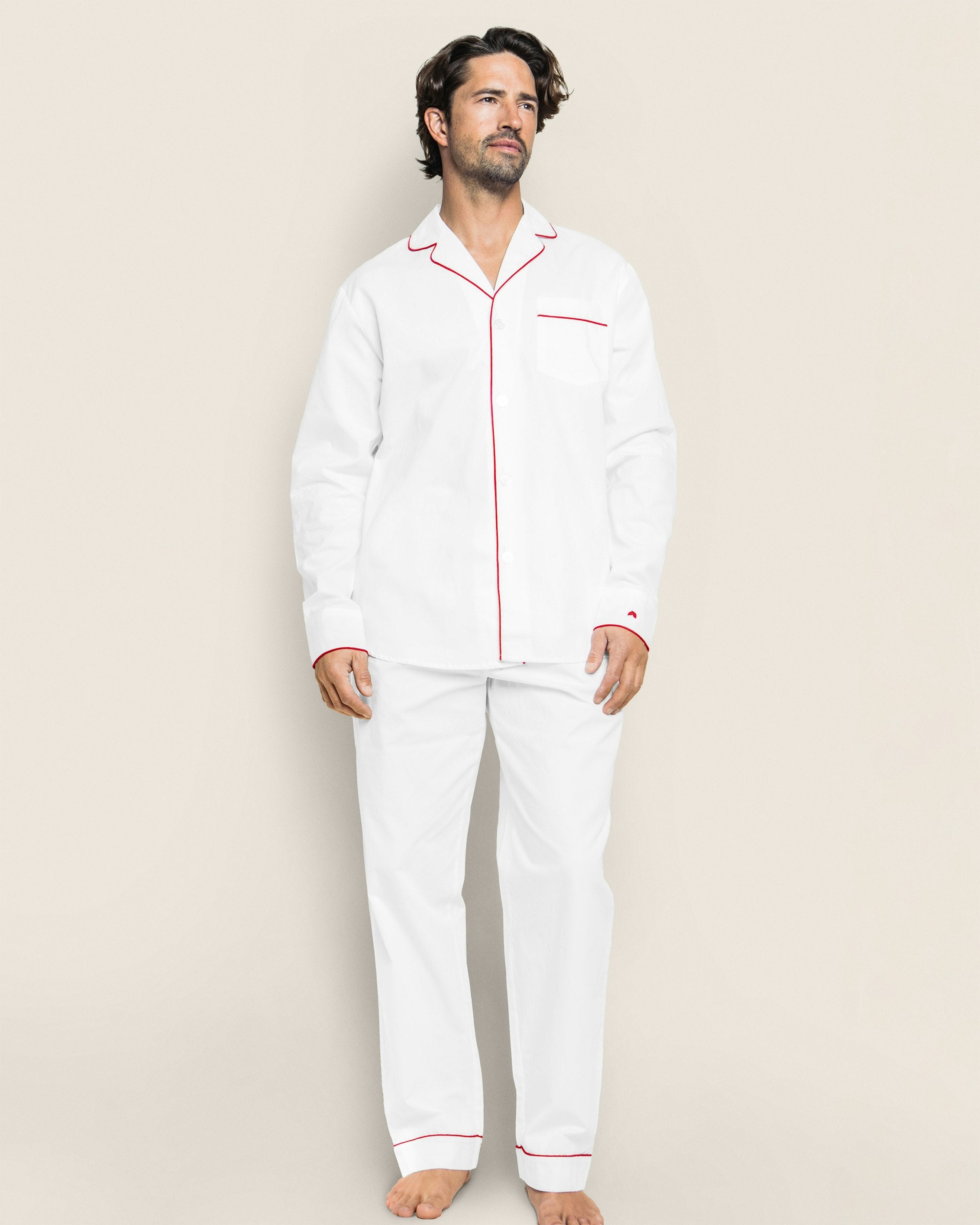 Men's Twill Pajama Set in White with Green Piping in White with Red Piping#Color_White with Red Piping
