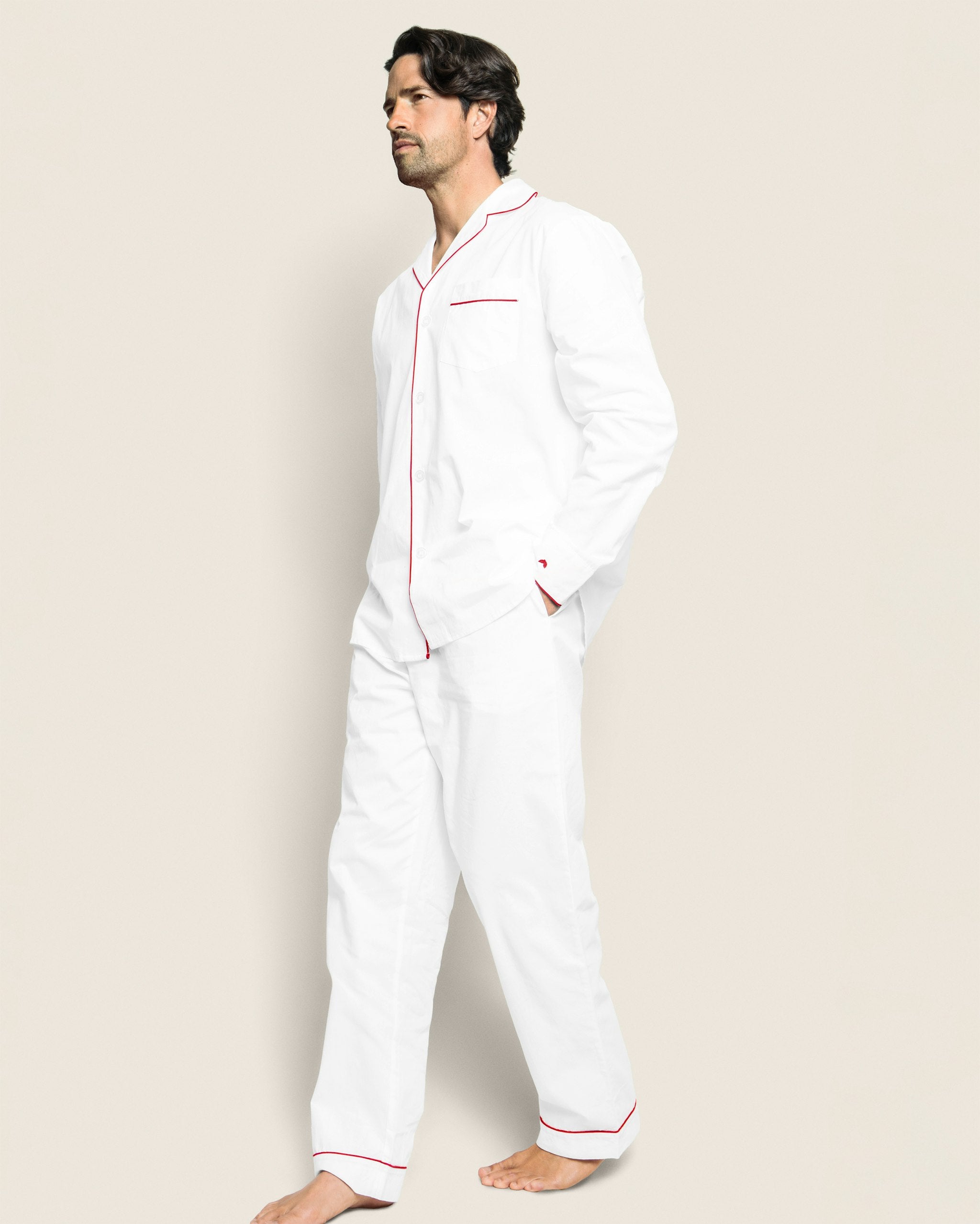 Men's Twill Pajama Set in White with Green Piping in White with Red Piping#Color_White with Red Piping