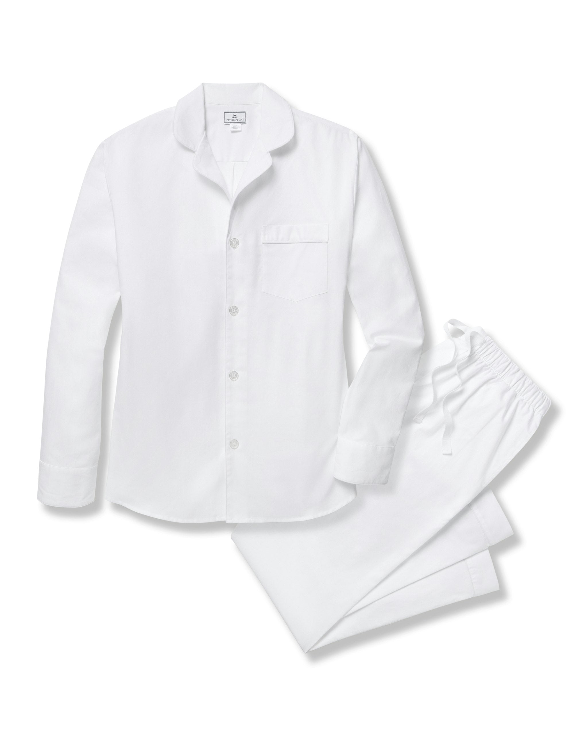 Men's Twill Pajama Set in White with Green Piping in White#Color_White