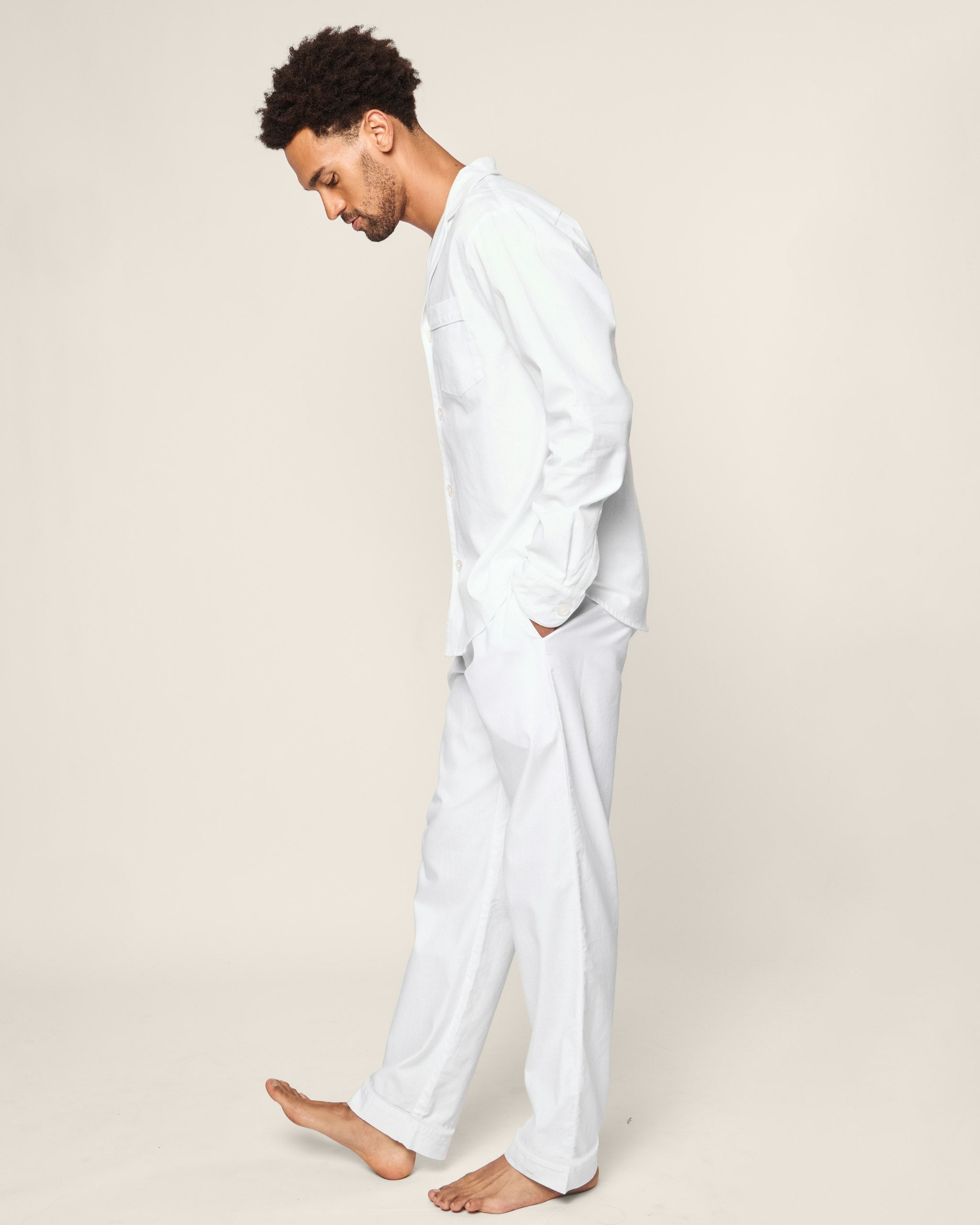 Men's Twill Pajama Set in White with Green Piping in White#Color_White