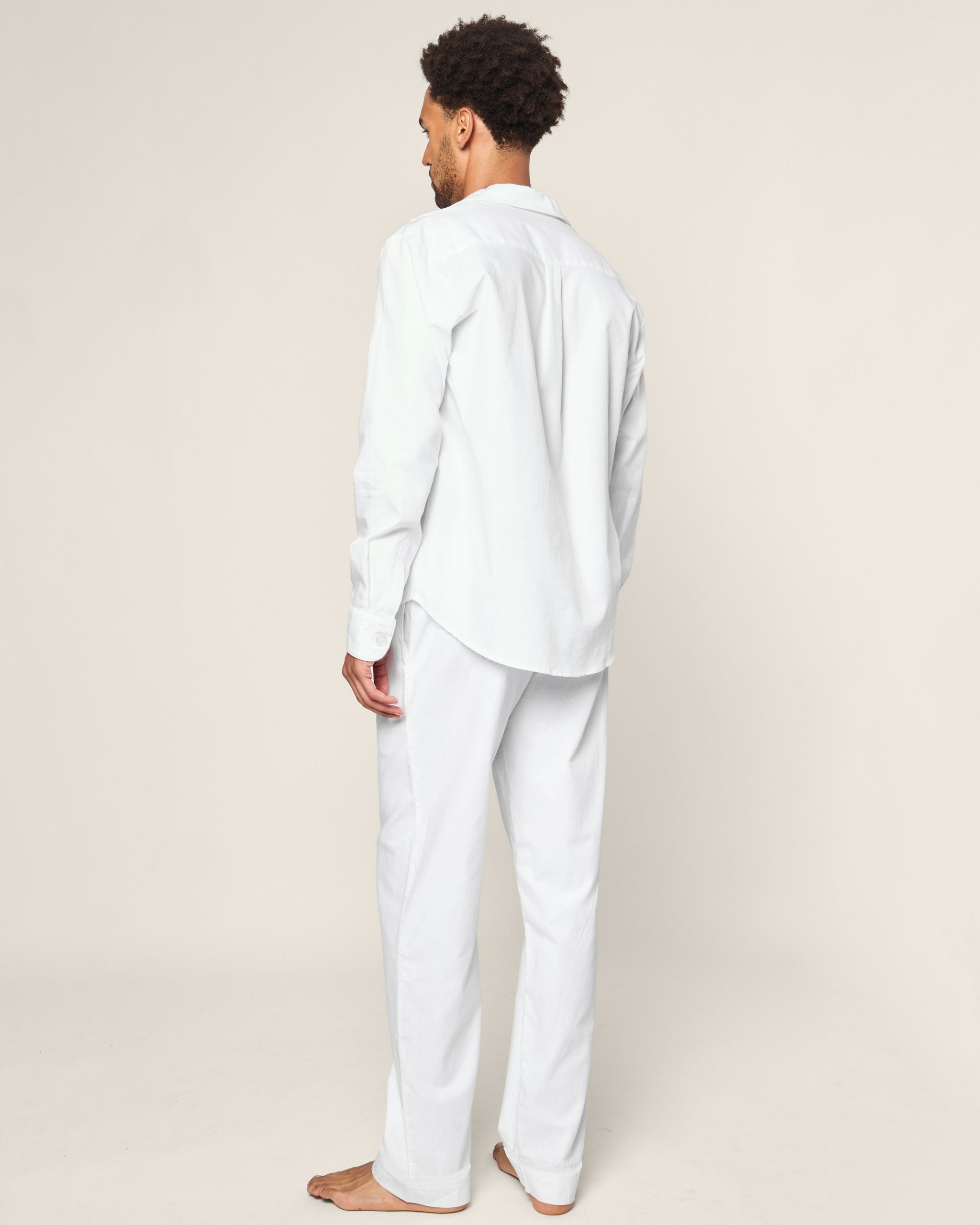 Men's Twill Pajama Set in White with Green Piping in White#Color_White