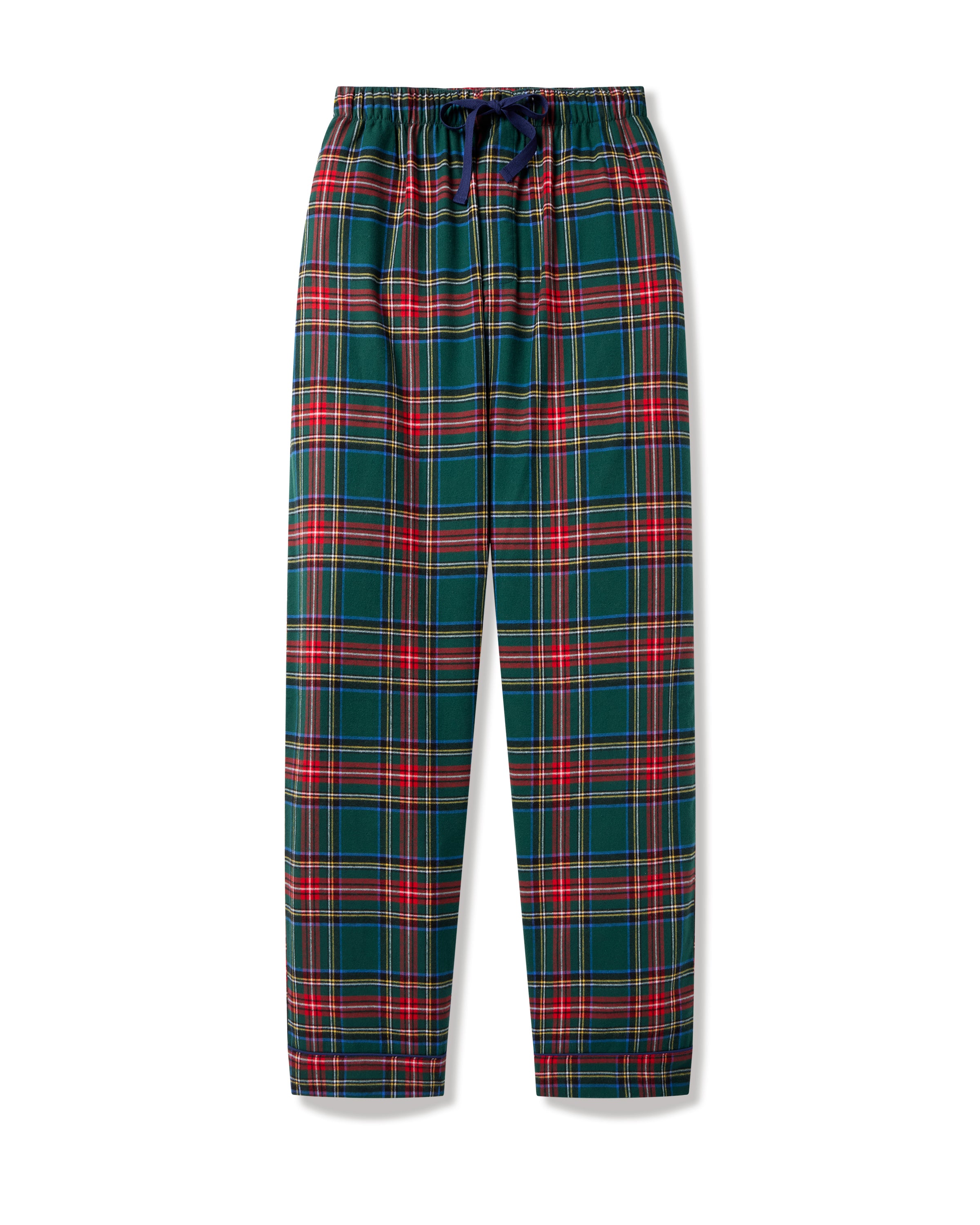 Men's Brushed Twill Pajama Pants in Kensington Tartan feature a green, red, and white plaid pattern with an elastic waistband and navy blue drawstring, shown on a white background.
