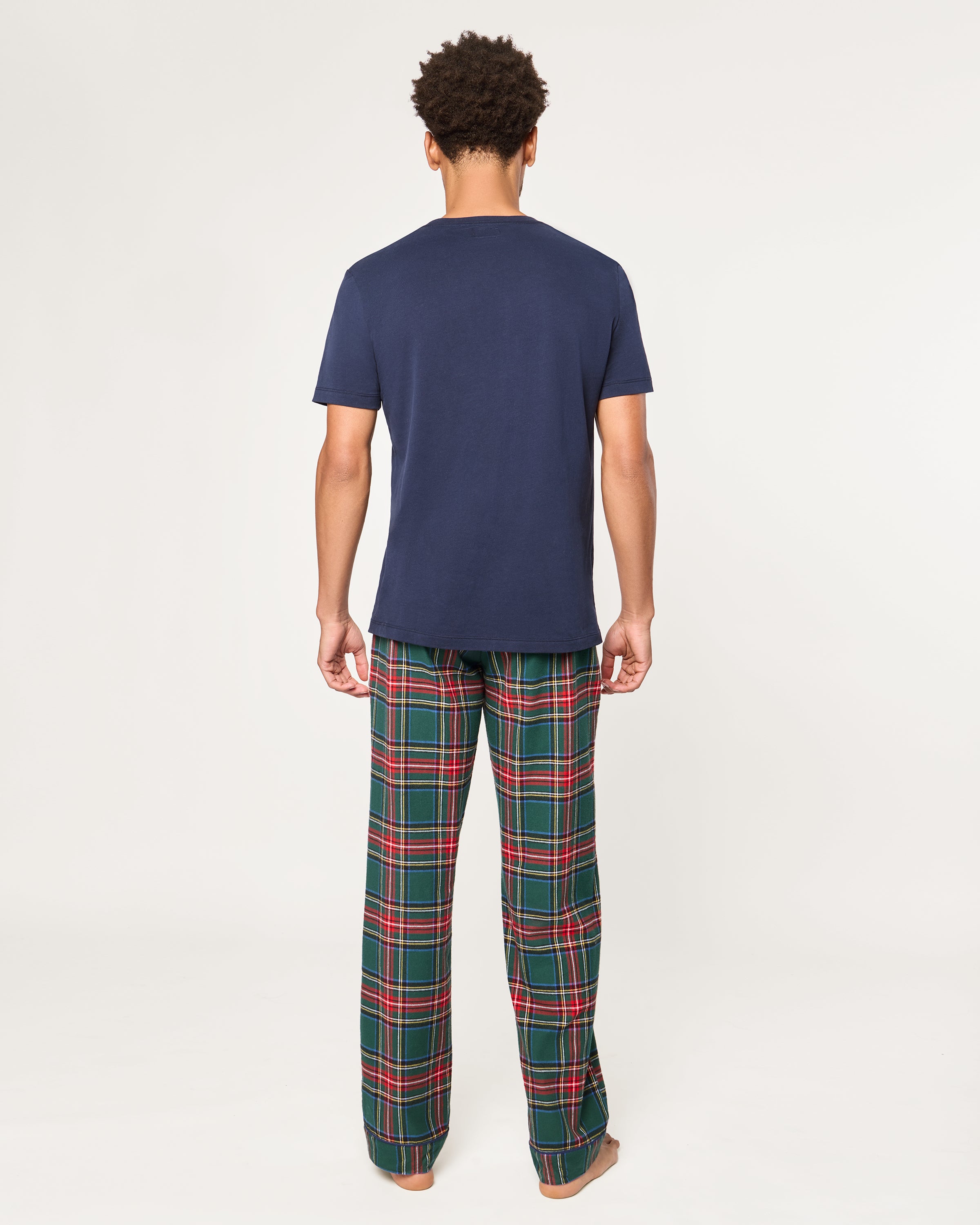 Men's Brushed Twill Pajama Pants in Kensington Tartan feature a green, red, and white plaid pattern with an elastic waistband and navy blue drawstring, shown on a white background.