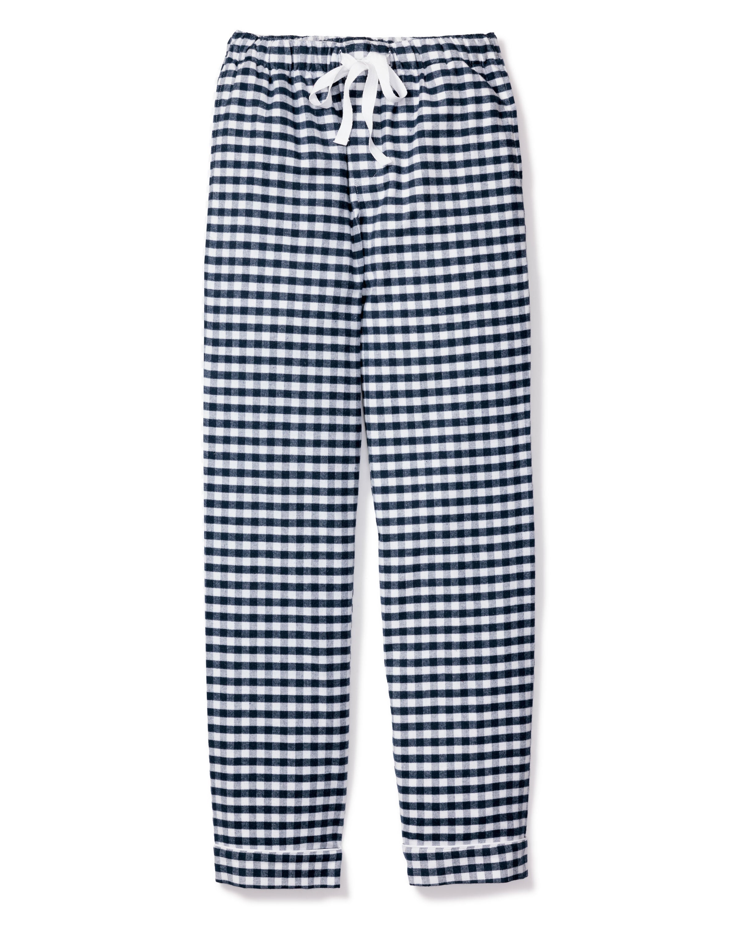 The Mens Twill Pajama Pant in Navy Gingham by Petite Plume features a comfy 100% cotton twill fabric and a classic white drawstring waistband, set against a blue and white gingham print.