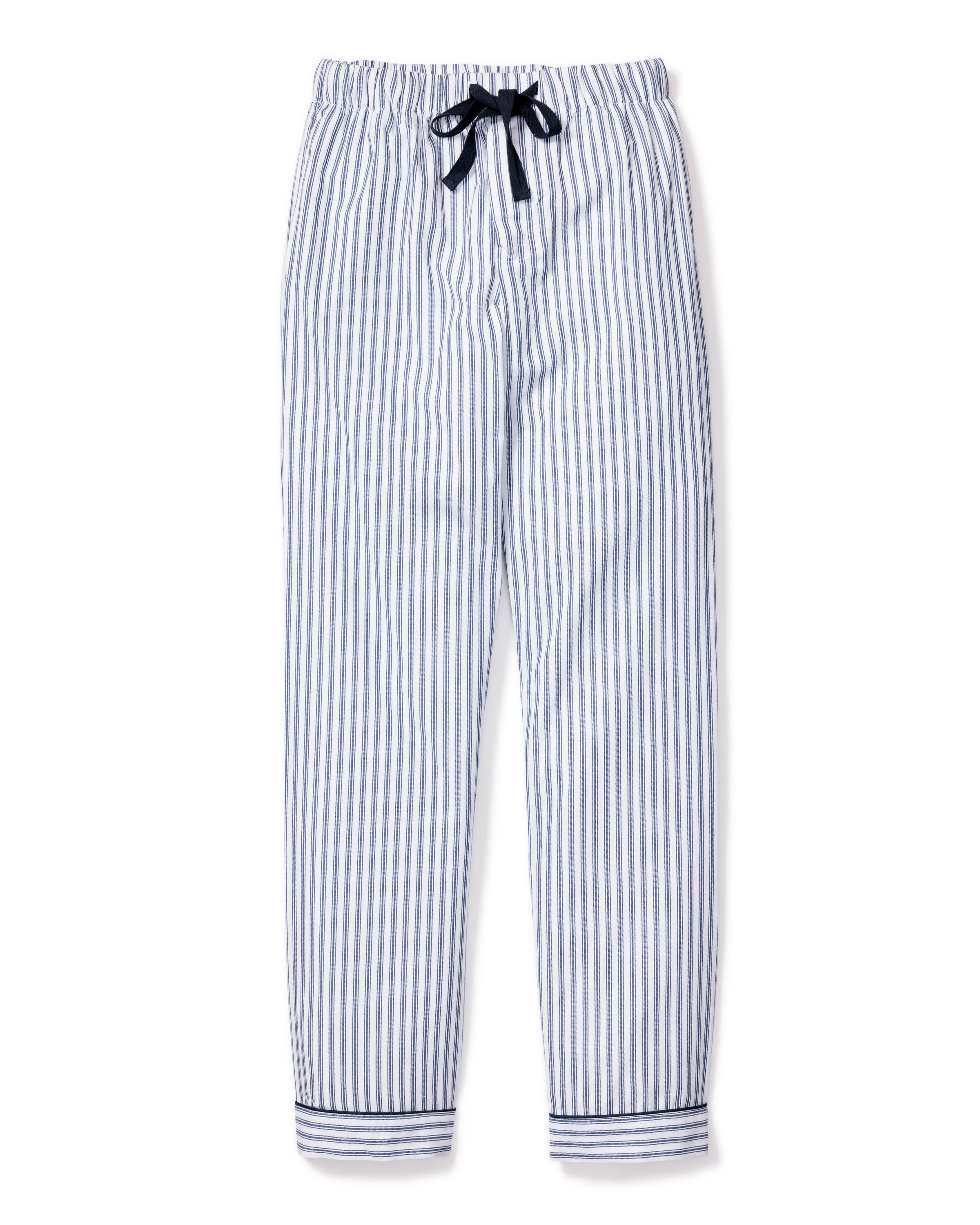 Petite Plumes Mens Twill Pajama Pants in Navy French Ticking are crafted from premium cotton and feature an elastic waistband with a black drawstring. The cuffed hems and additional stripes near the ankles provide luxurious sleepwear comfort.