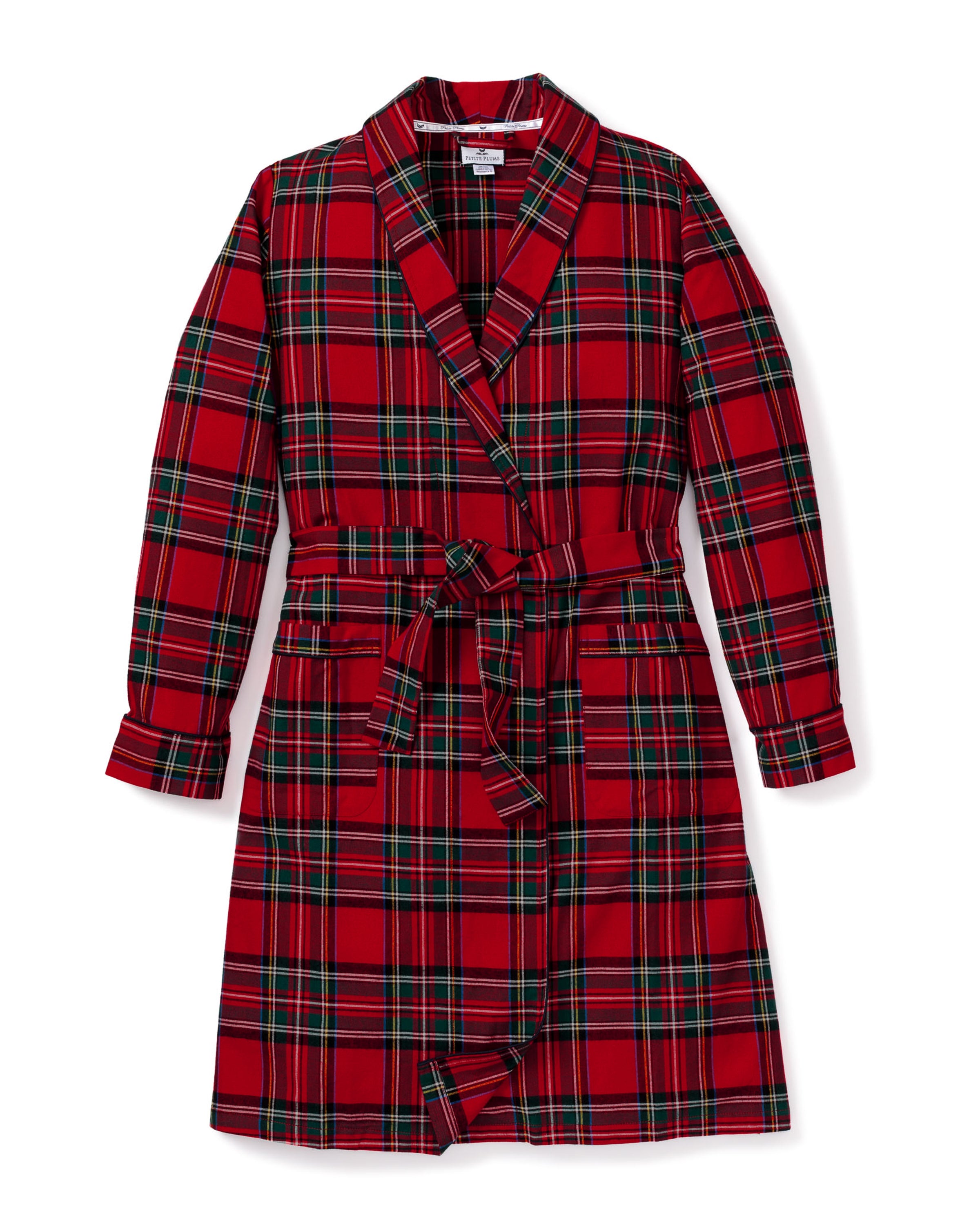 The Men's Brushed Twill Robe in Imperial Tartan features a red, green, and black plaid pattern, long sleeves, a shawl collar, knee-length cut, and includes a matching fabric belt for tying at the waist.