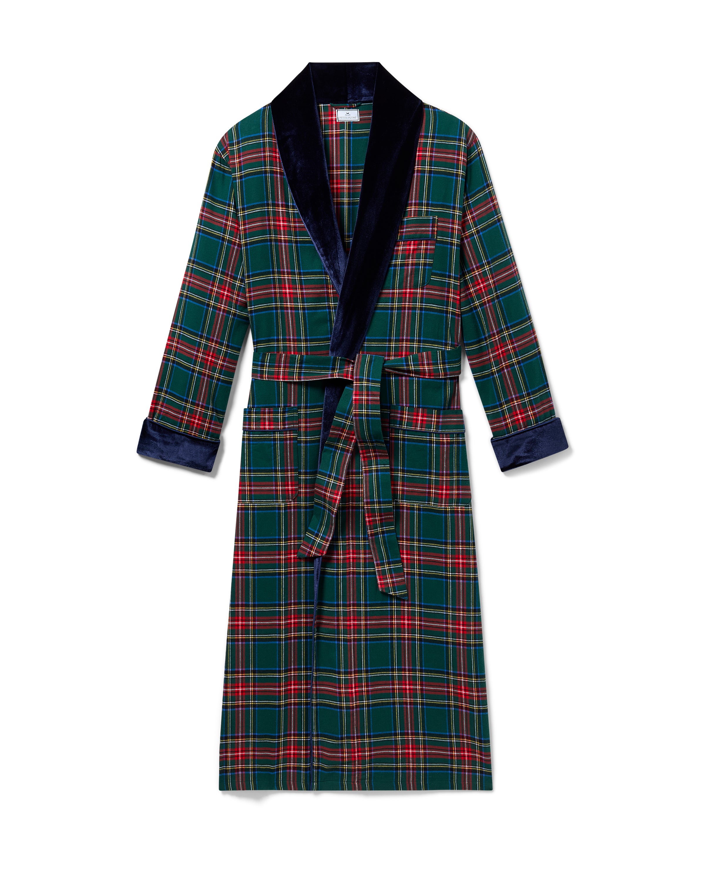 The Men's Brushed Twill Velvet Trim Robe in Kensington Tartan features red, green, and blue plaid, navy velvet collar and cuffs, a chest pocket, and matching belt. Displayed flat on a white background.