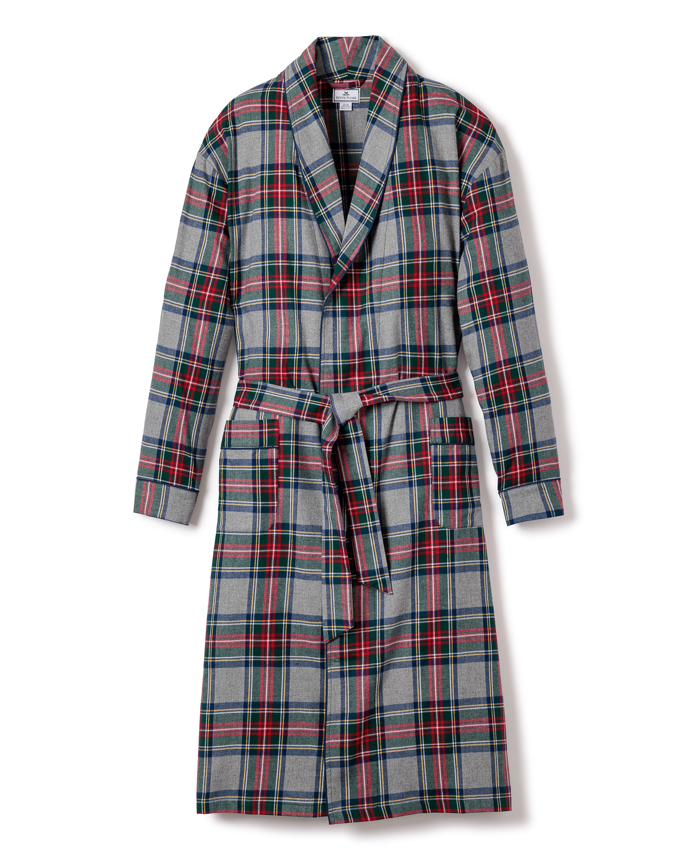 The Mens Brushed Cotton Robe in Westminster Tartan by Petite Plume boasts a classic tartan design in gray, red, green, and blue. It features long sleeves, a shawl collar, and a matching waist belt for luxury sleepwear.
