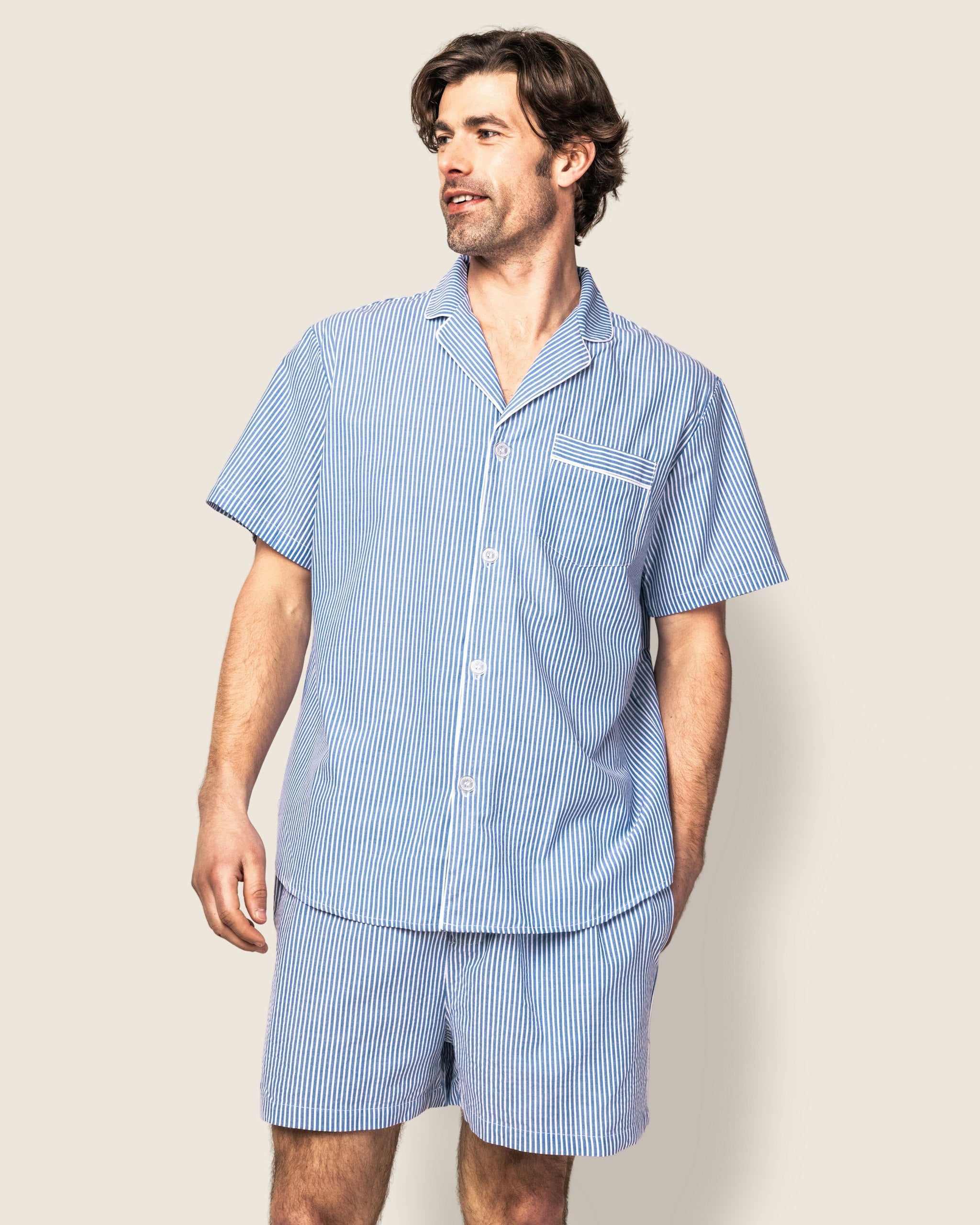 Men's Twill Short Set in French Blue Stripes in French Blue Stripes#Color_French Blue Stripes