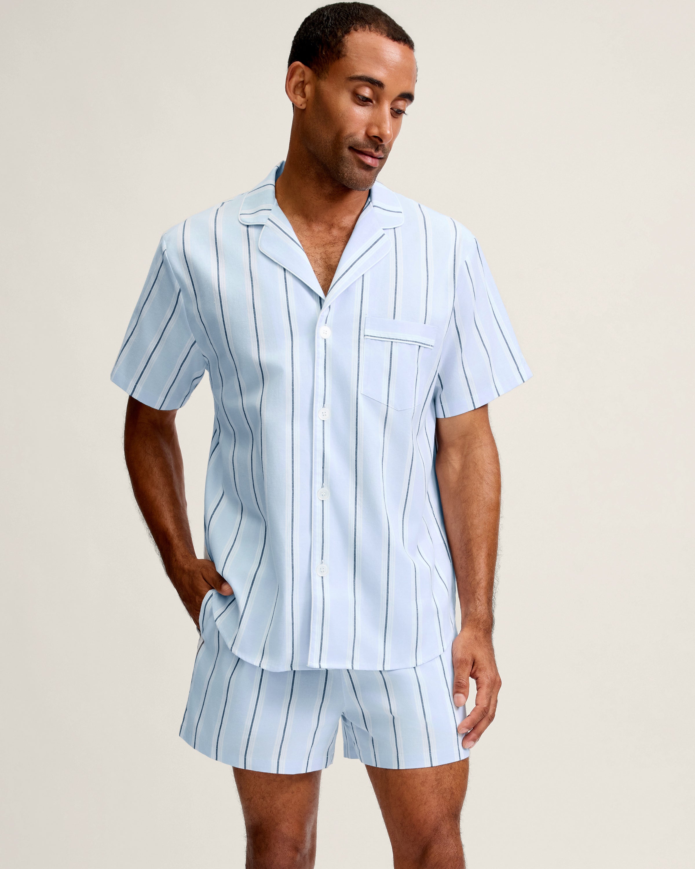 Men's Twill Pajama Short Set in Coastal Stripe