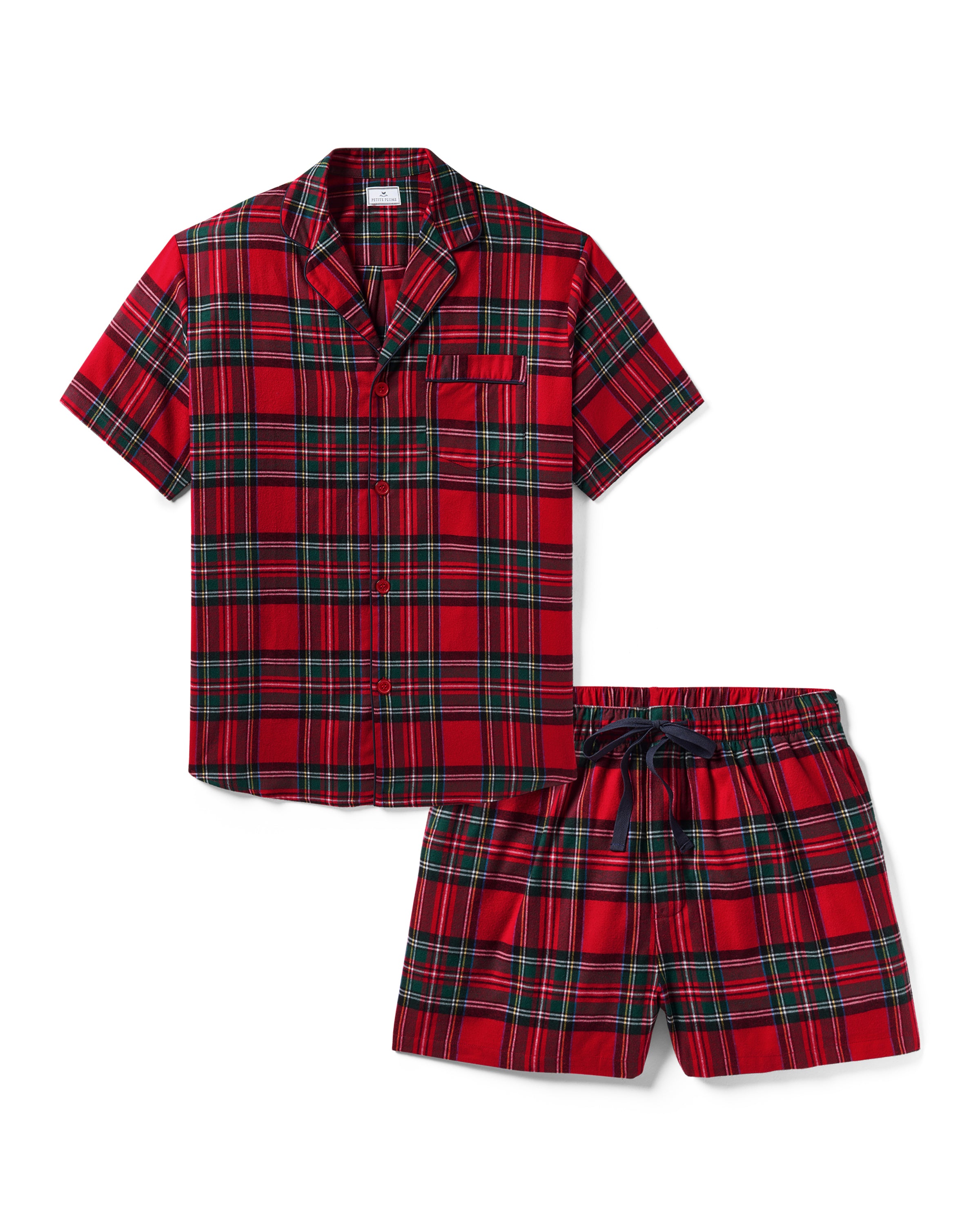 Men's Brushed Twill Short Set in Imperial Tartan: a matching pajama set with a short-sleeve, button-up shirt and shorts in red and green plaid, featuring a blue drawstring waistband.