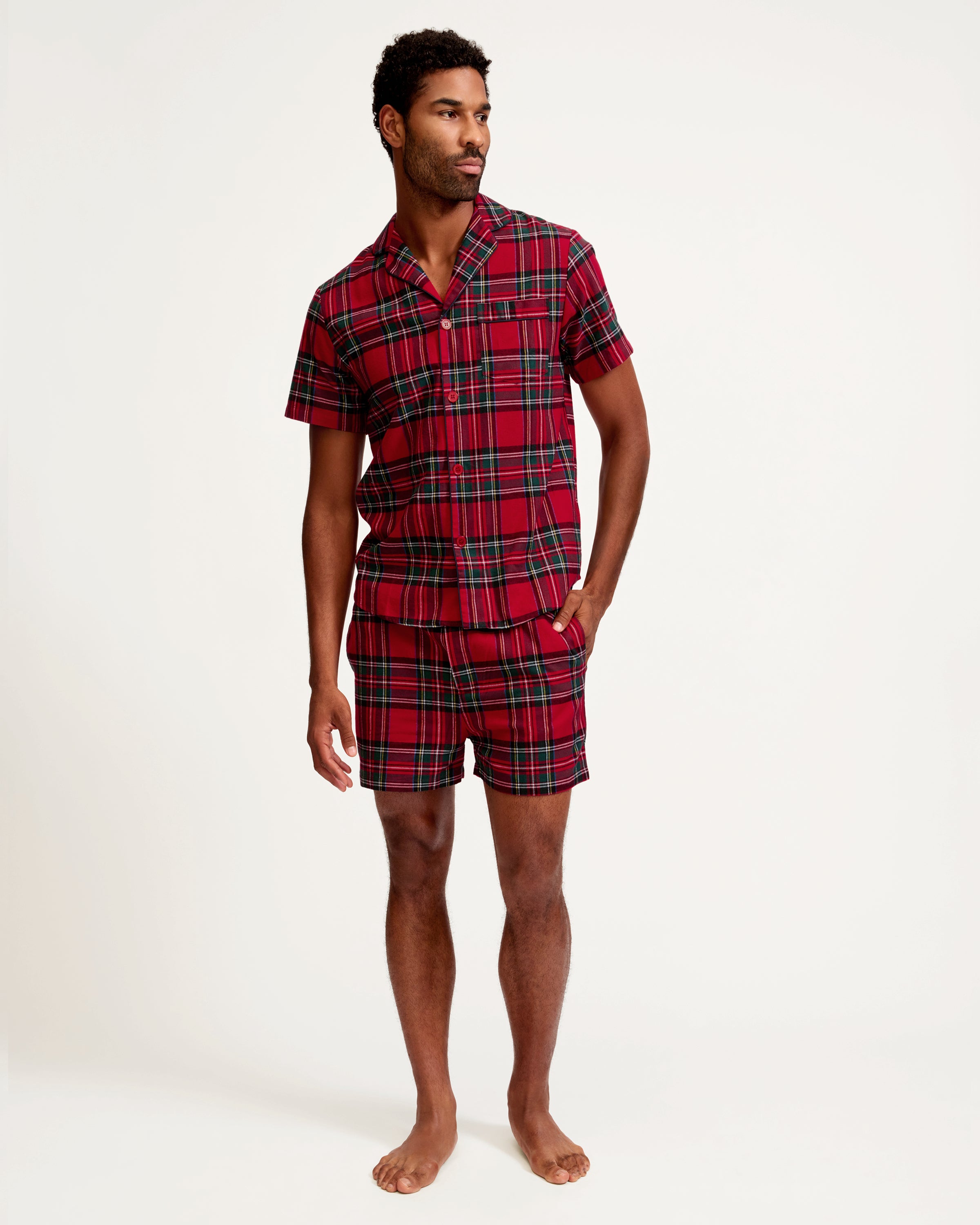 Men's Brushed Twill Short Set in Imperial Tartan: a matching pajama set with a short-sleeve, button-up shirt and shorts in red and green plaid, featuring a blue drawstring waistband.