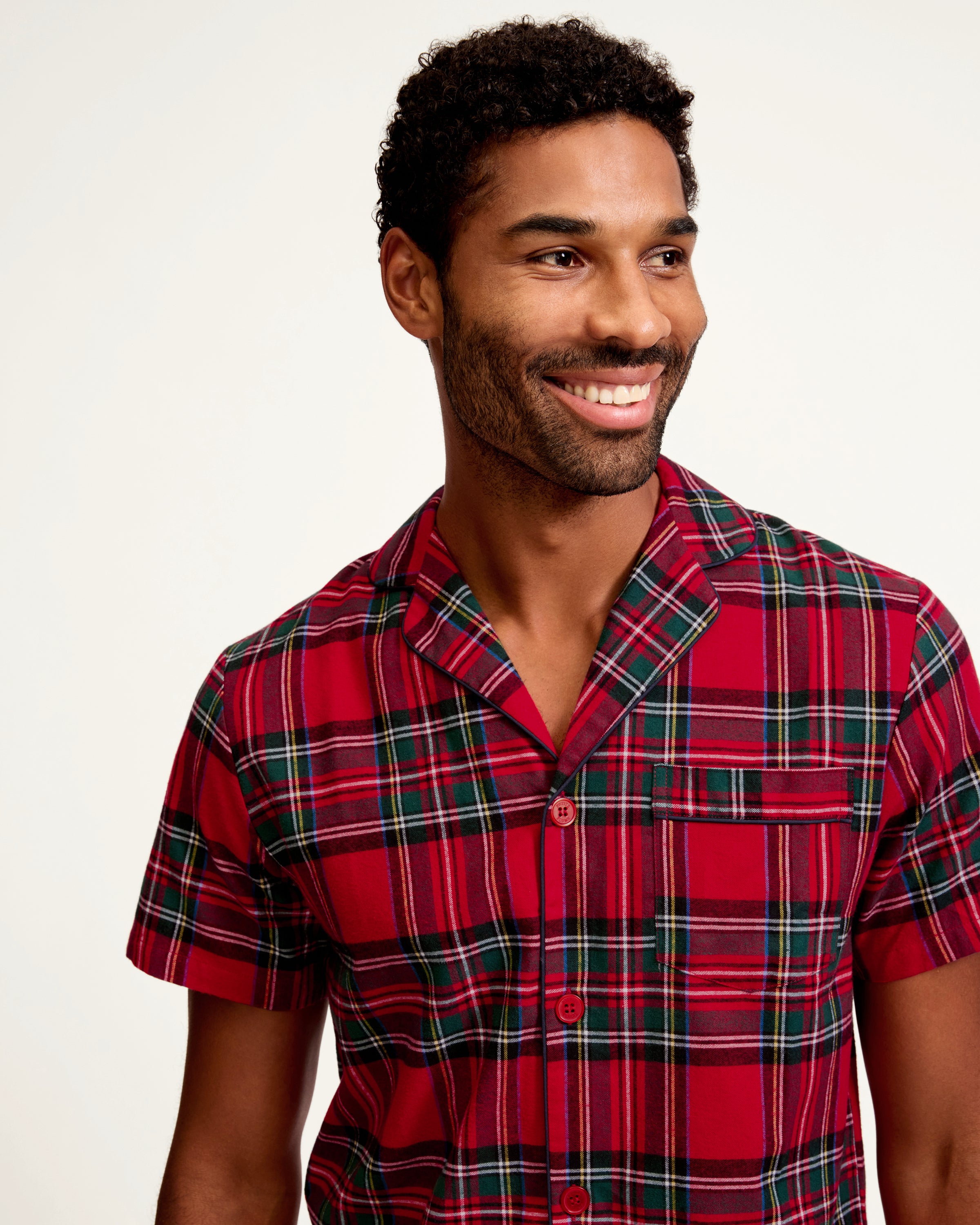 Men's Brushed Twill Short Set in Imperial Tartan: a matching pajama set with a short-sleeve, button-up shirt and shorts in red and green plaid, featuring a blue drawstring waistband.