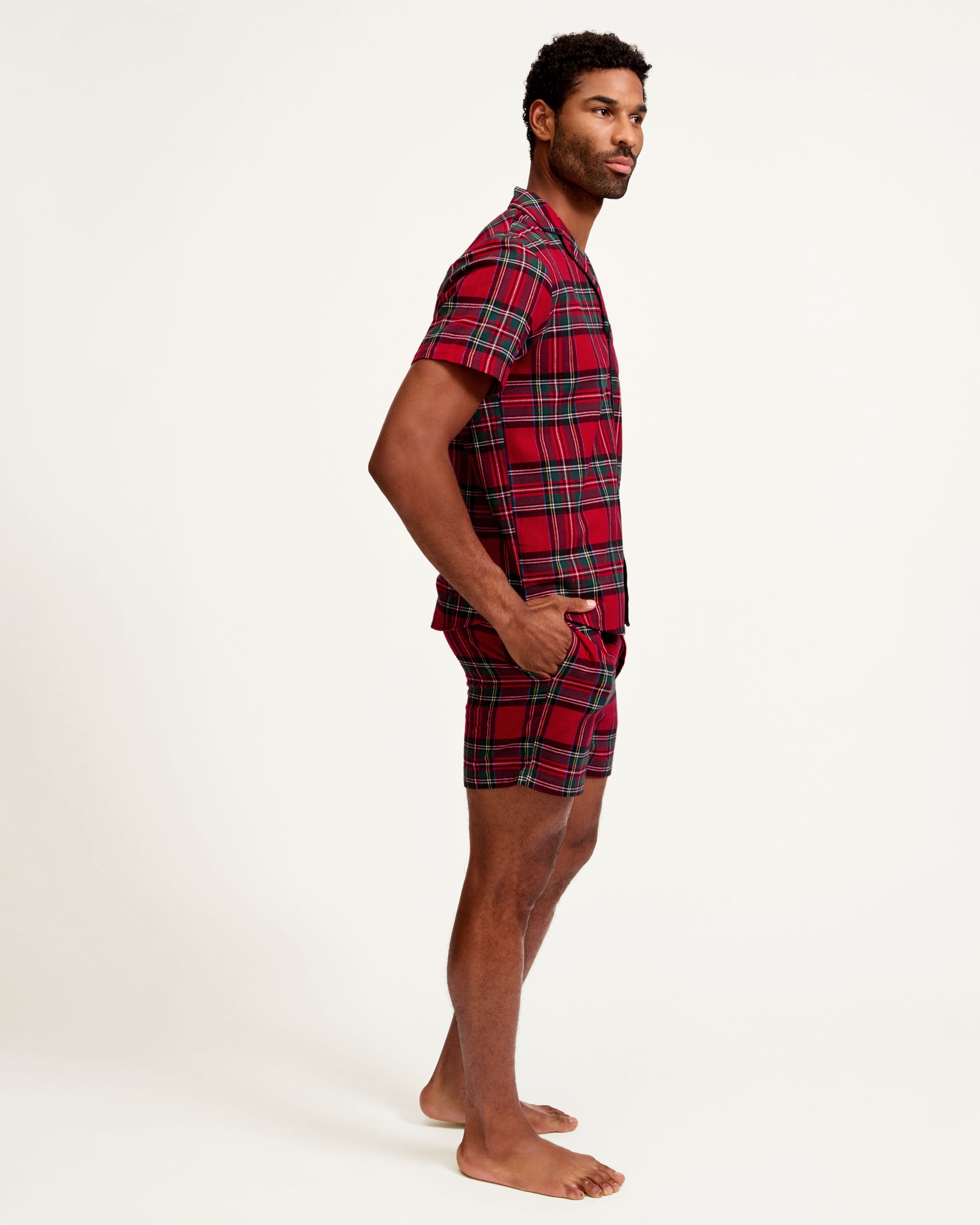 Men's Brushed Twill Short Set in Imperial Tartan: a matching pajama set with a short-sleeve, button-up shirt and shorts in red and green plaid, featuring a blue drawstring waistband.
