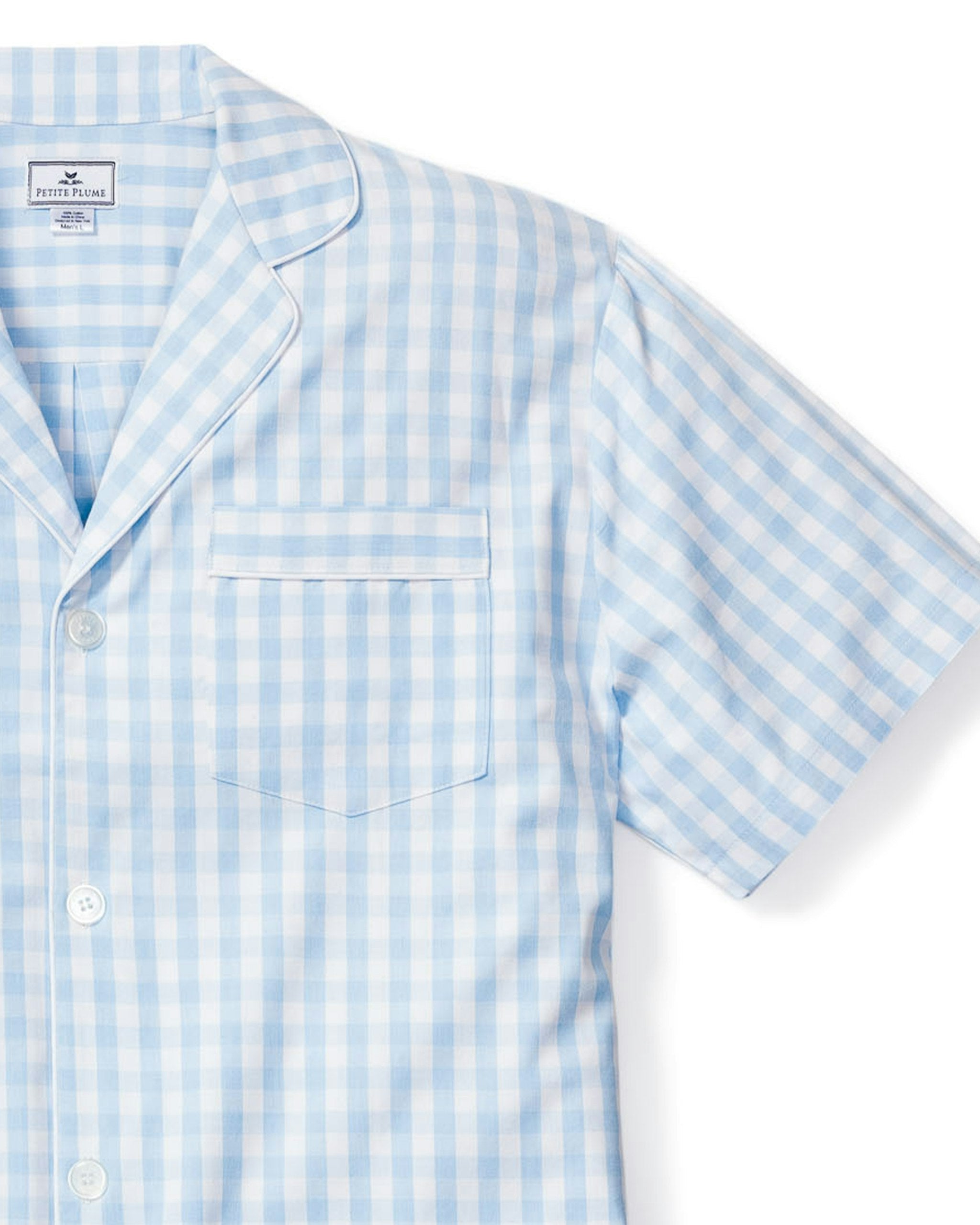 Men's Twill Pajama Short Set in Light Blue Gingham in Light Blue Gingham#Color_Light Blue Gingham