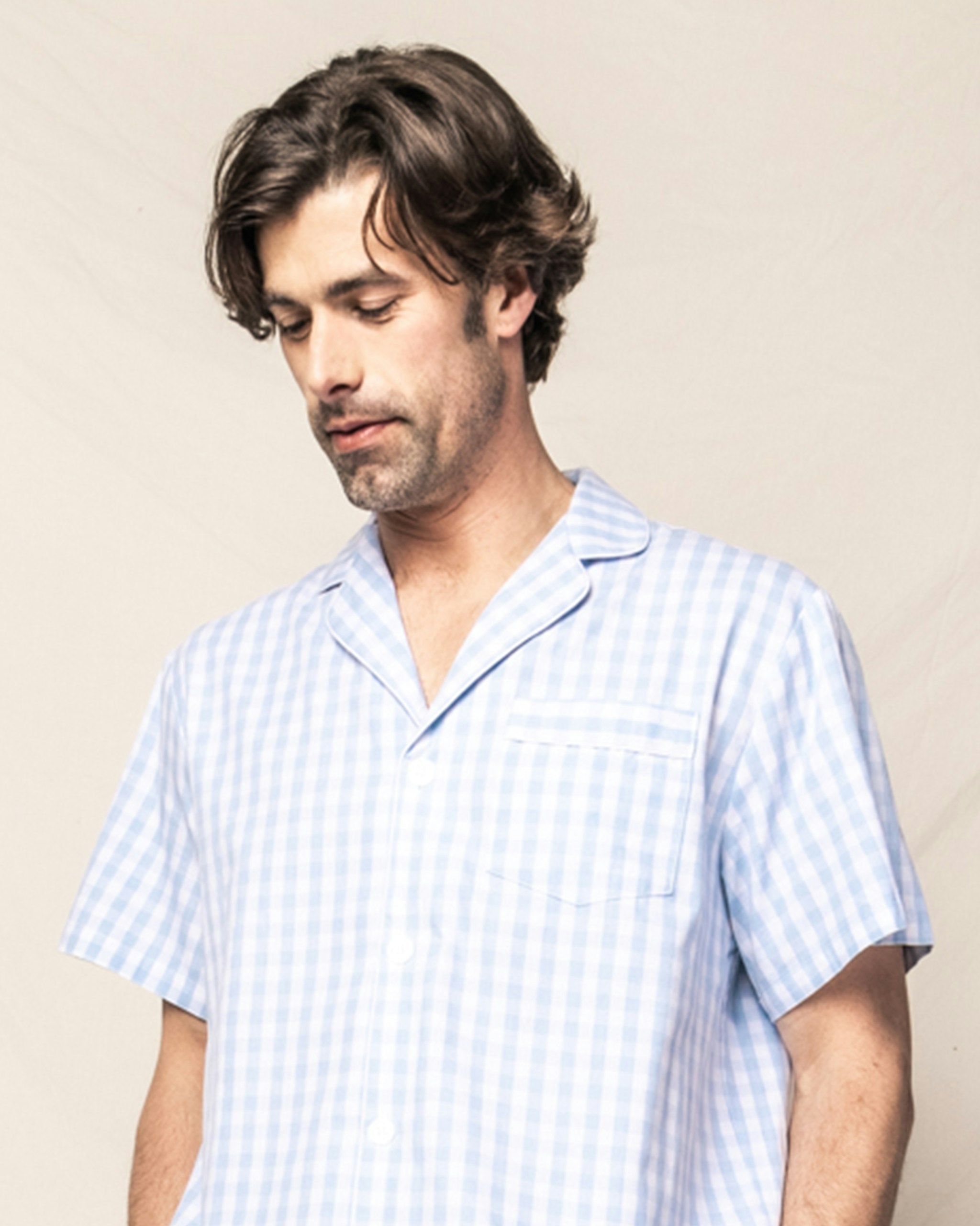 Men's Twill Pajama Short Set in Light Blue Gingham in Light Blue Gingham#Color_Light Blue Gingham