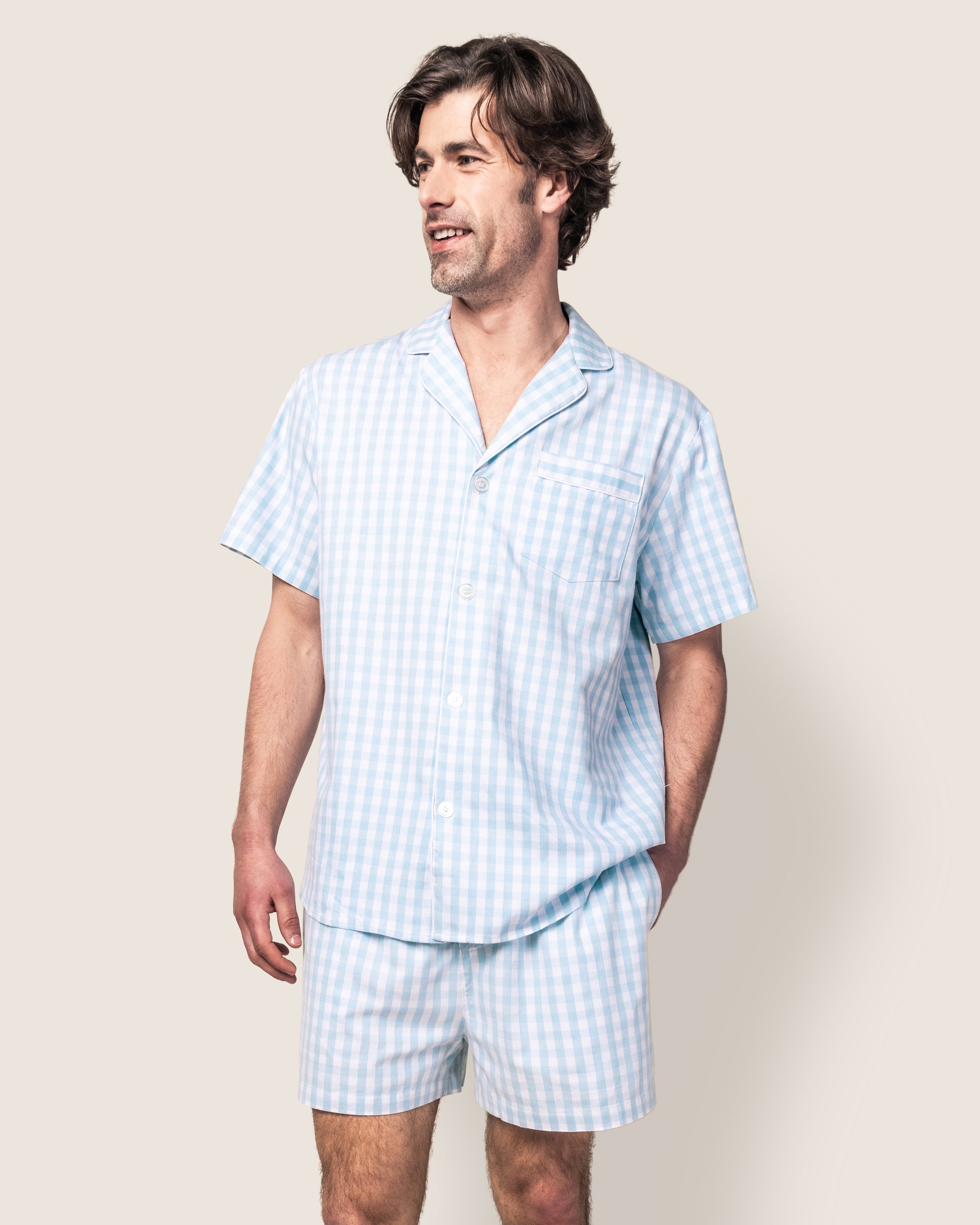Men's Twill Pajama Short Set in Light Blue Gingham in Light Blue Gingham#Color_Light Blue Gingham