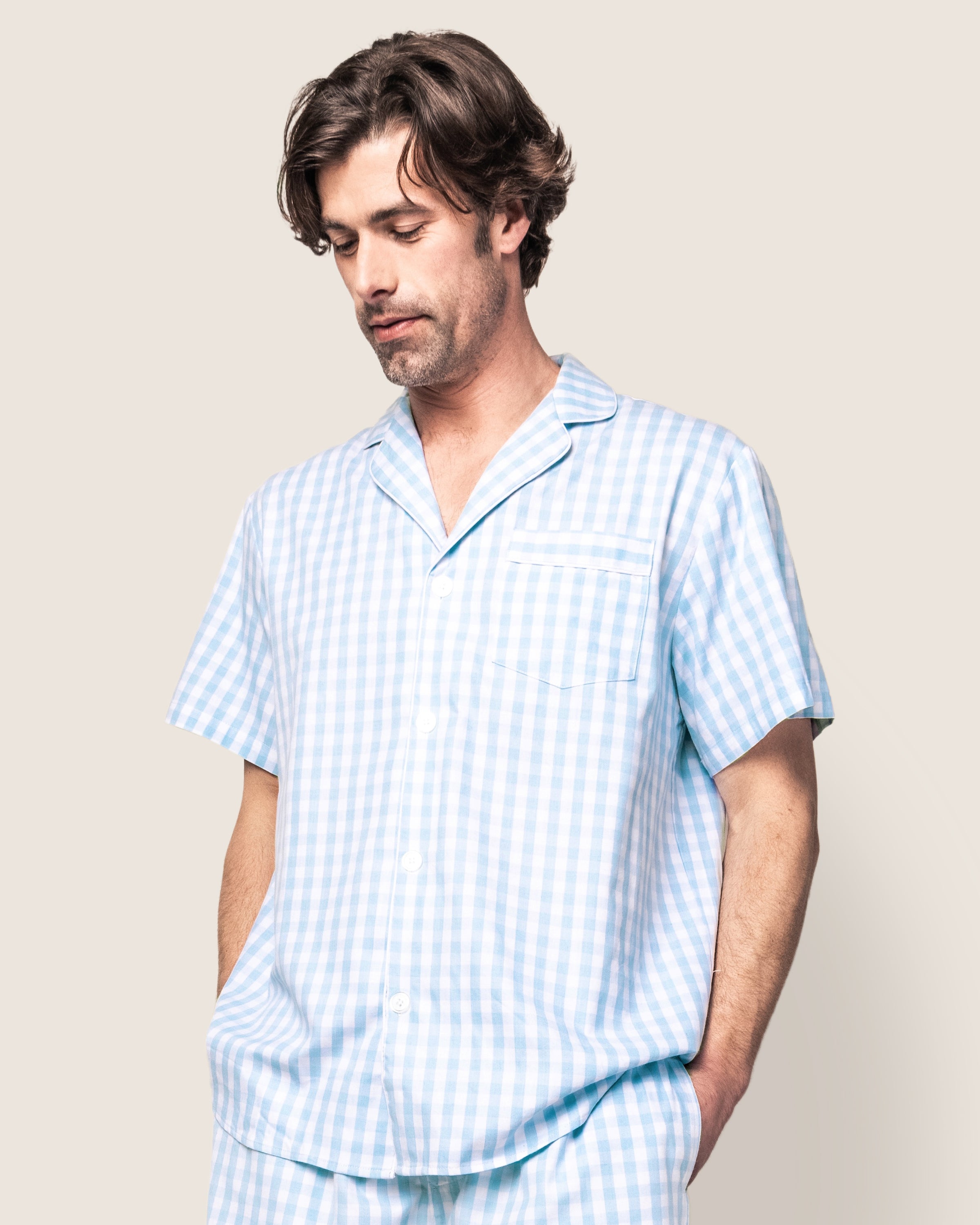 Men's Twill Pajama Short Set in Light Blue Gingham in Light Blue Gingham#Color_Light Blue Gingham