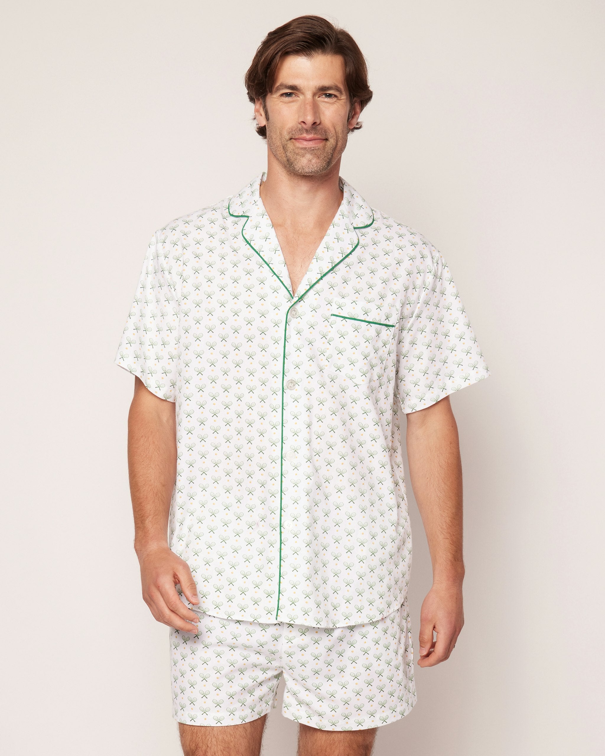 Men's Twill Pajama Short Set in Vintage French Stripes in Match Point#Color_Match Point