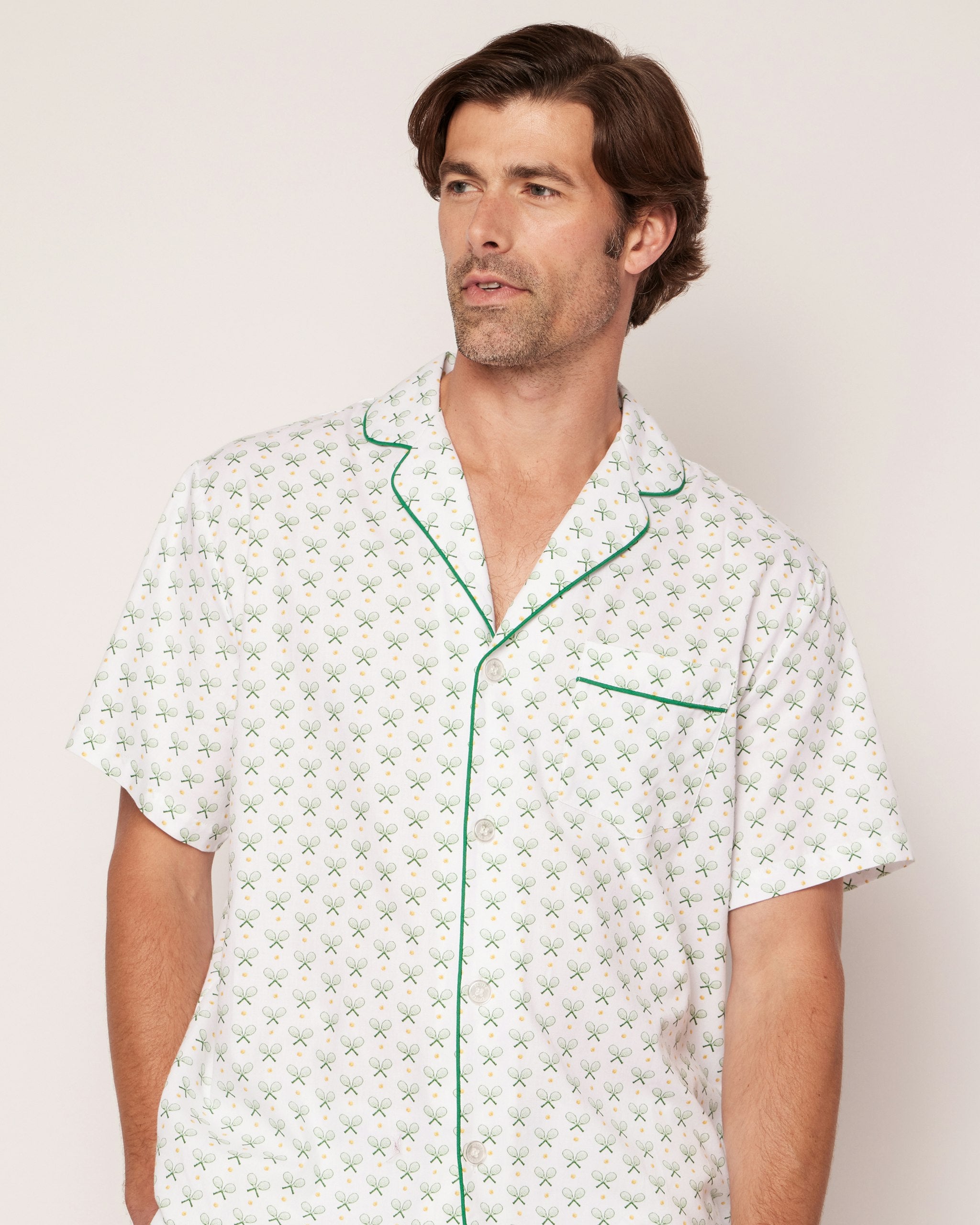 Men's Twill Pajama Short Set in Vintage French Stripes in Match Point#Color_Match Point