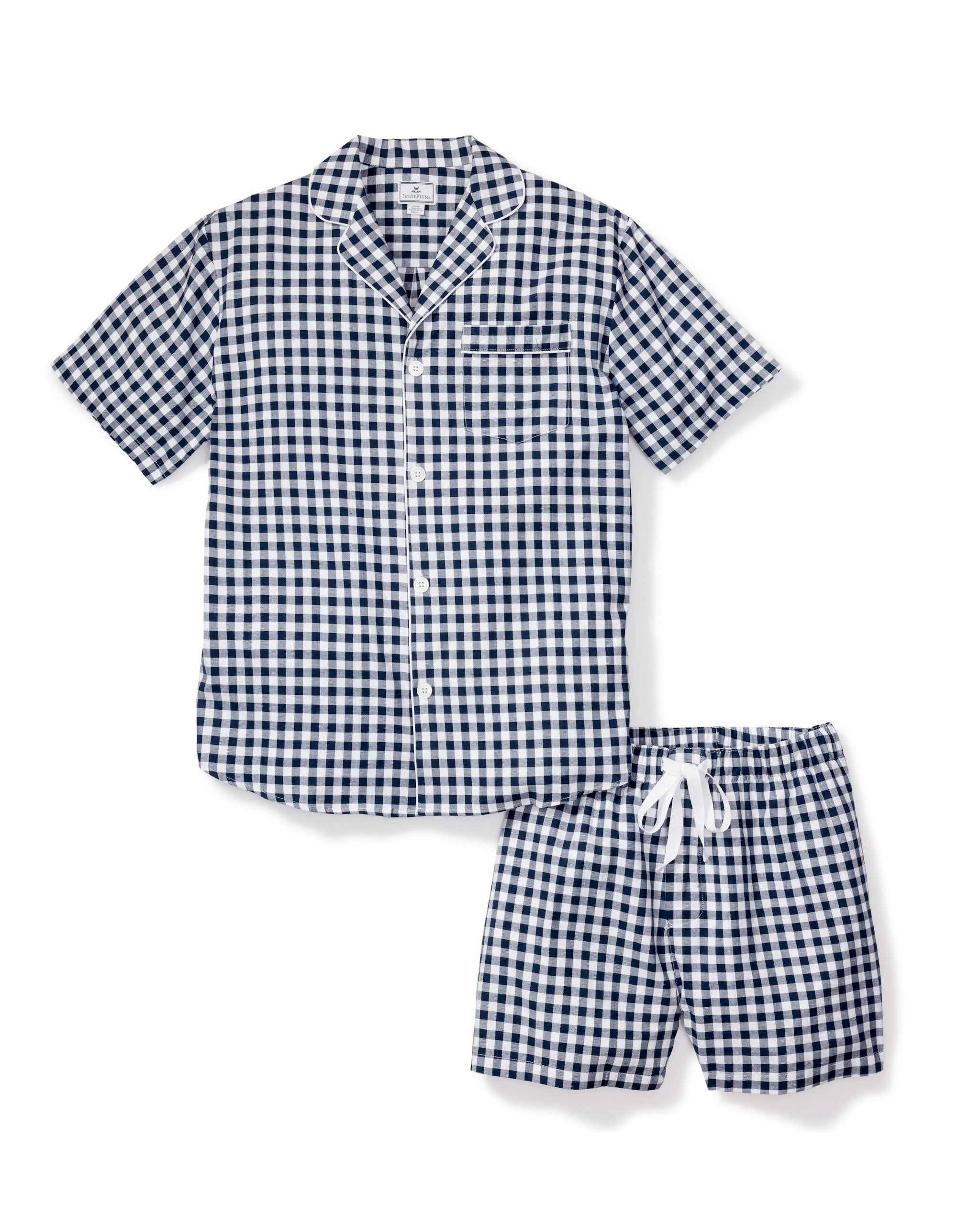 Men's Twill Pajama Short Set in Navy Gingham in Navy Gingham#Color_Navy Gingham